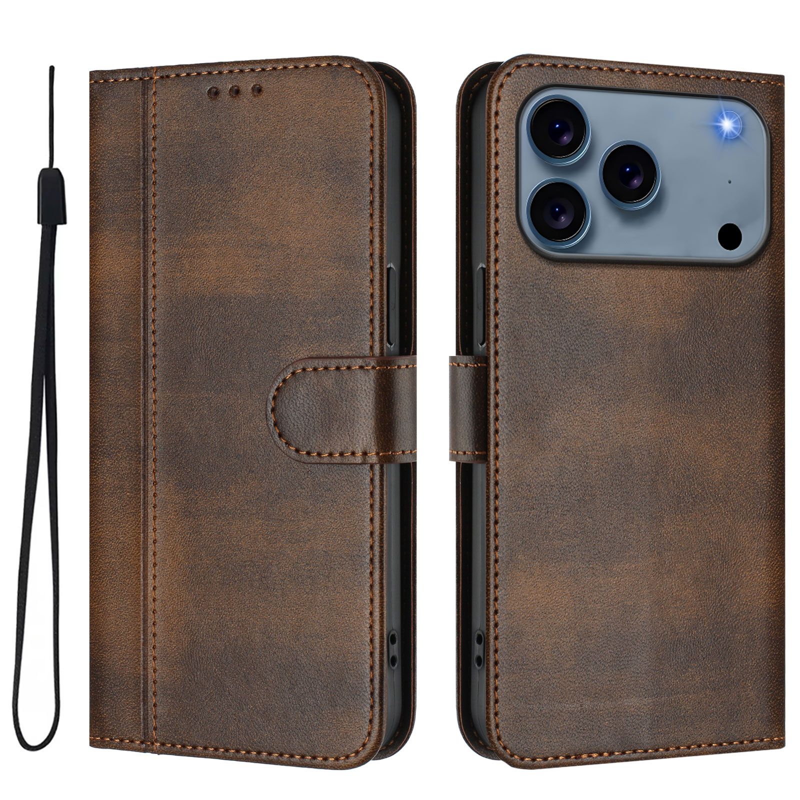 For iPhone 17 Pro Cases Wallet Stand Retro Texture Leather Phone Cover with Lanyard - Brown
