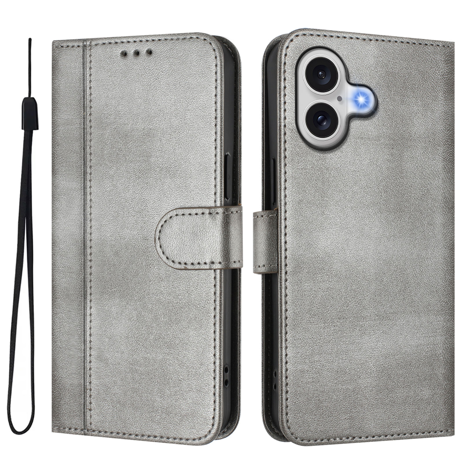 For iPhone 17 Cases Wallet Stand Retro Texture Leather Phone Cover with Lanyard - Grey