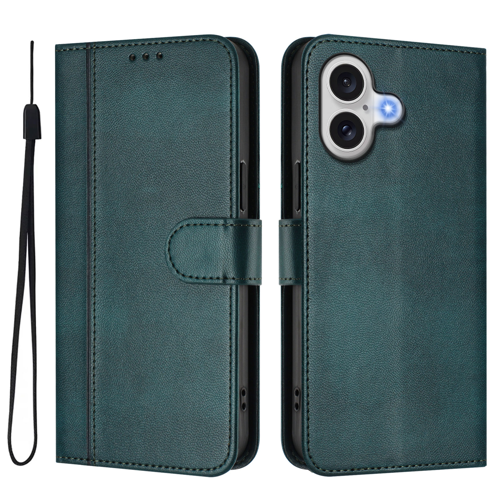 For iPhone 17 Cases Wallet Stand Retro Texture Leather Phone Cover with Lanyard - Dark Green