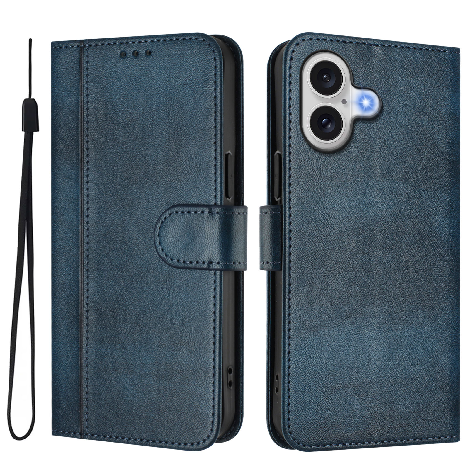 For iPhone 17 Cases Wallet Stand Retro Texture Leather Phone Cover with Lanyard - Blue