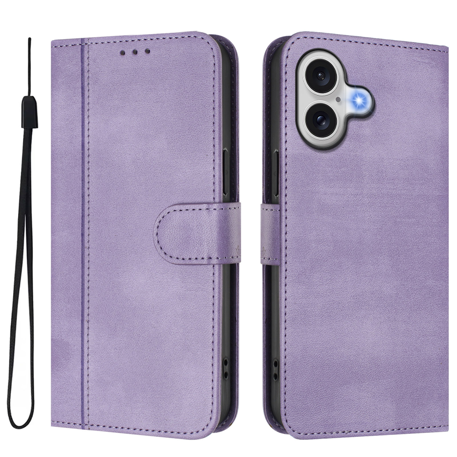 For iPhone 17 Cases Wallet Stand Retro Texture Leather Phone Cover with Lanyard - Light Purple