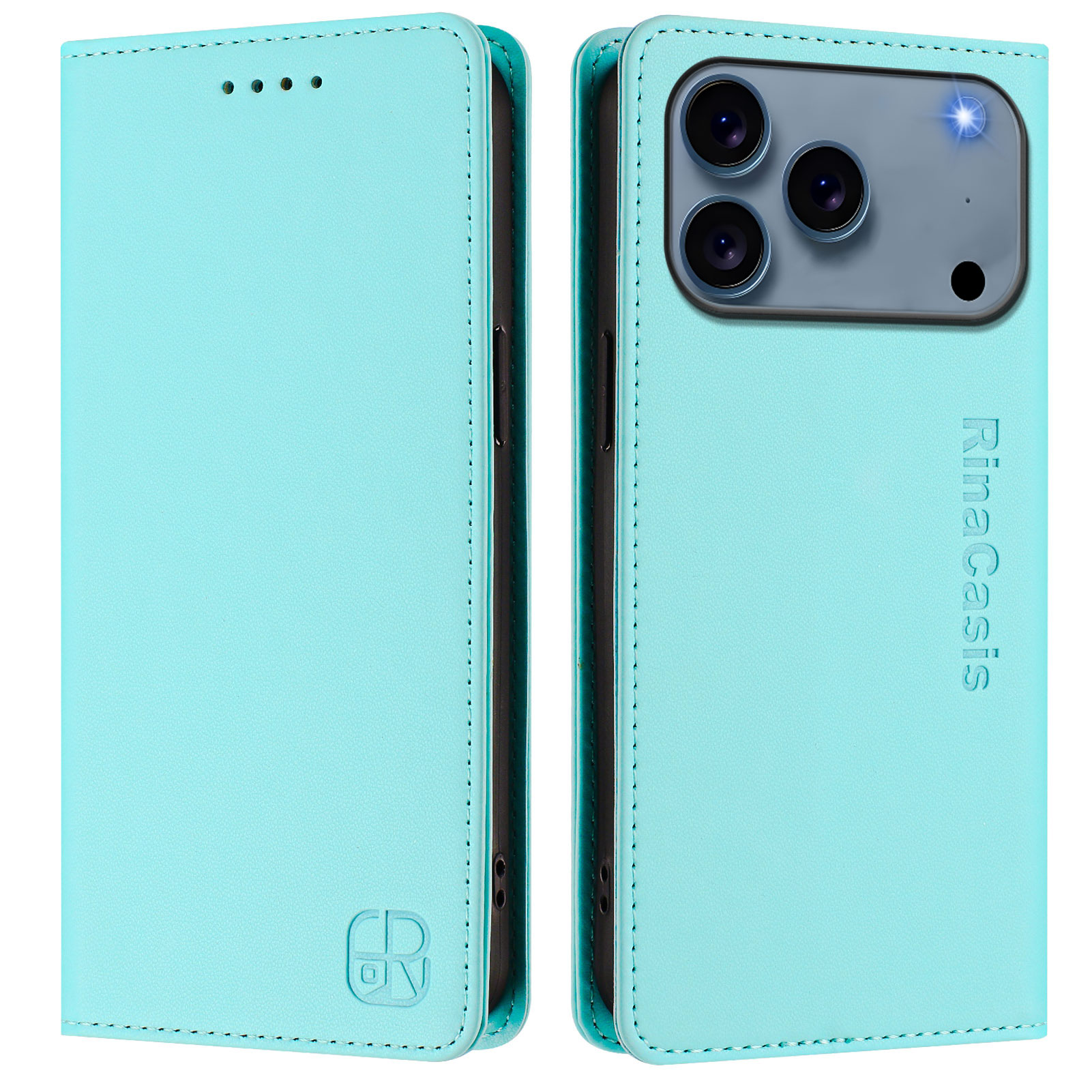 For iPhone 17 Pro Max Leather Case RINACASIS RC01 Phone Cover with RFID Blocking Wallet Stand - Mint Green