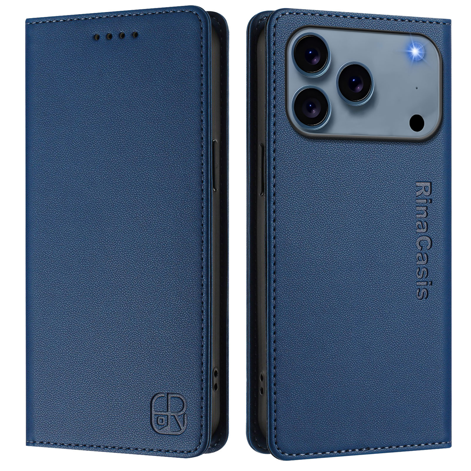 For iPhone 17 Pro Leather Case RINACASIS RC01 Phone Cover with RFID Blocking Wallet Stand - Dark Blue