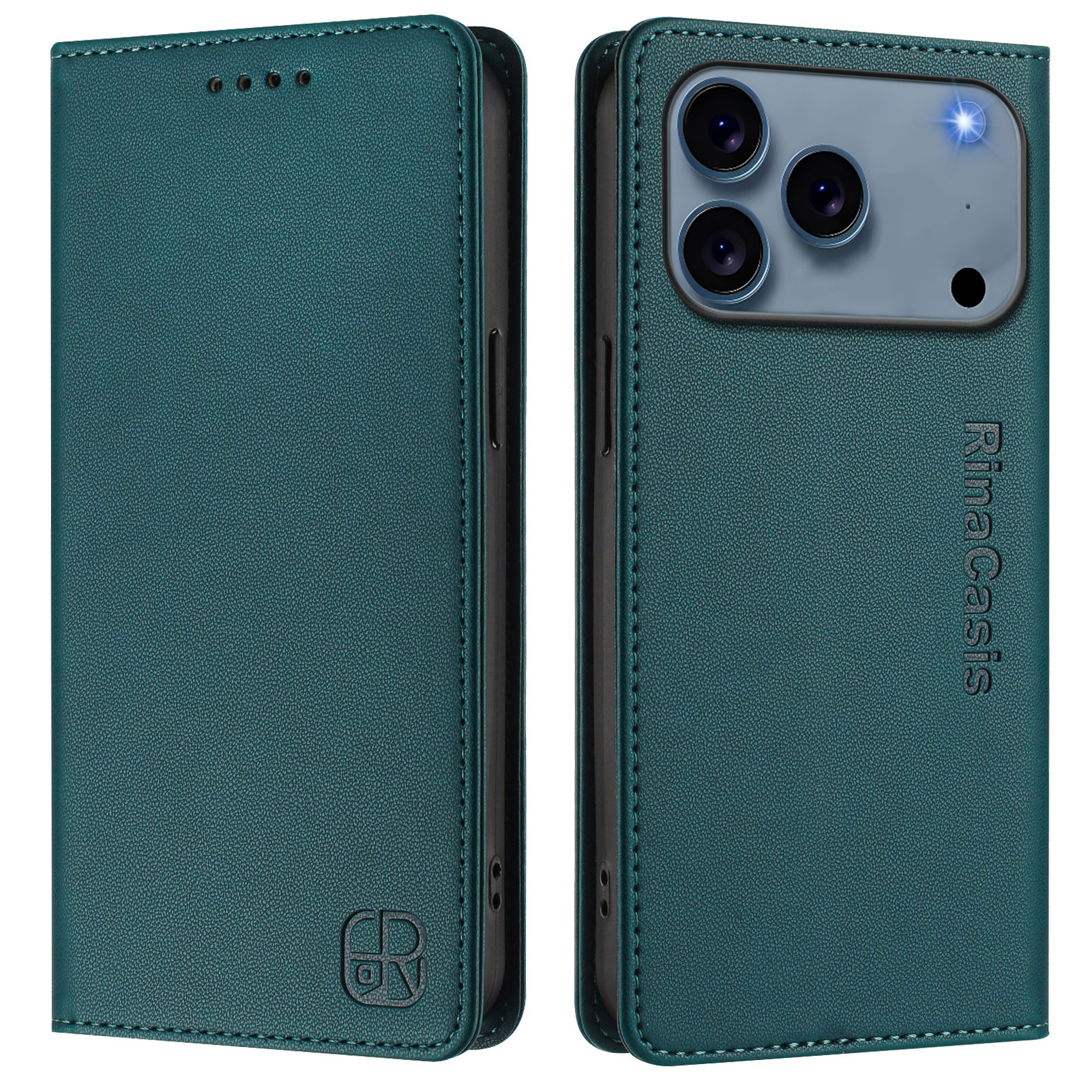For iPhone 17 Pro Leather Case RINACASIS RC01 Phone Cover with RFID Blocking Wallet Stand - Dark Green