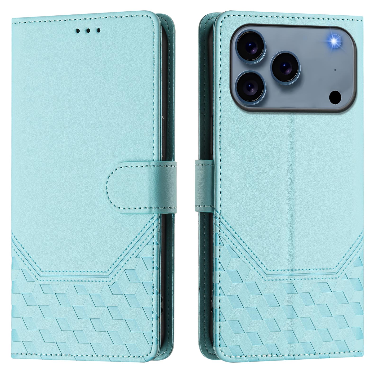 For iPhone 17 Pro Max Case Imprinted Honeycomb RFID Blocking Leather Phone Cover with Strap - Mint Green