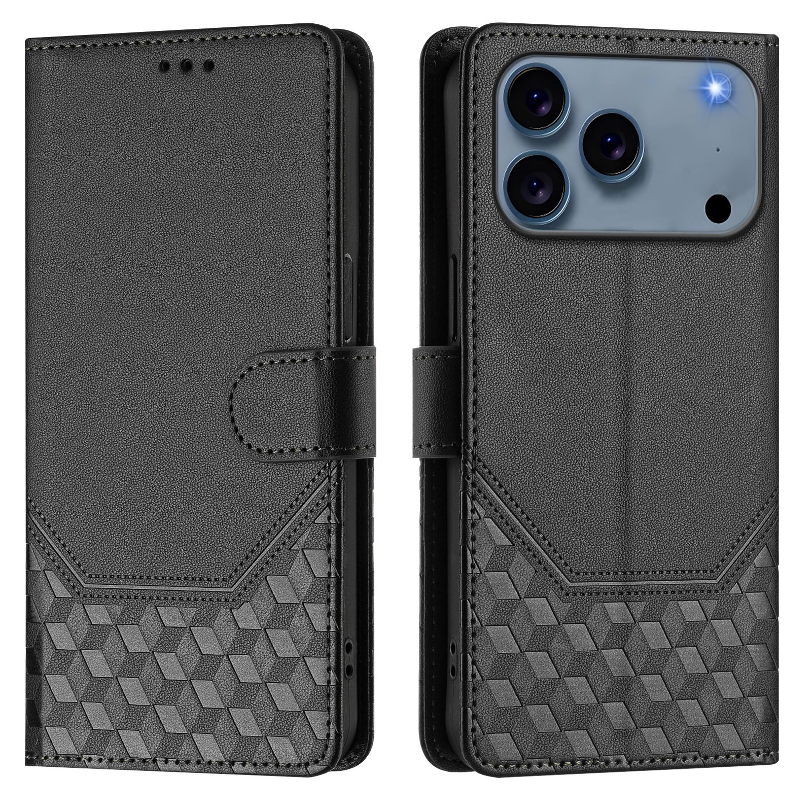 For iPhone 17 Pro Max Case Imprinted Honeycomb RFID Blocking Leather Phone Cover with Strap - Black