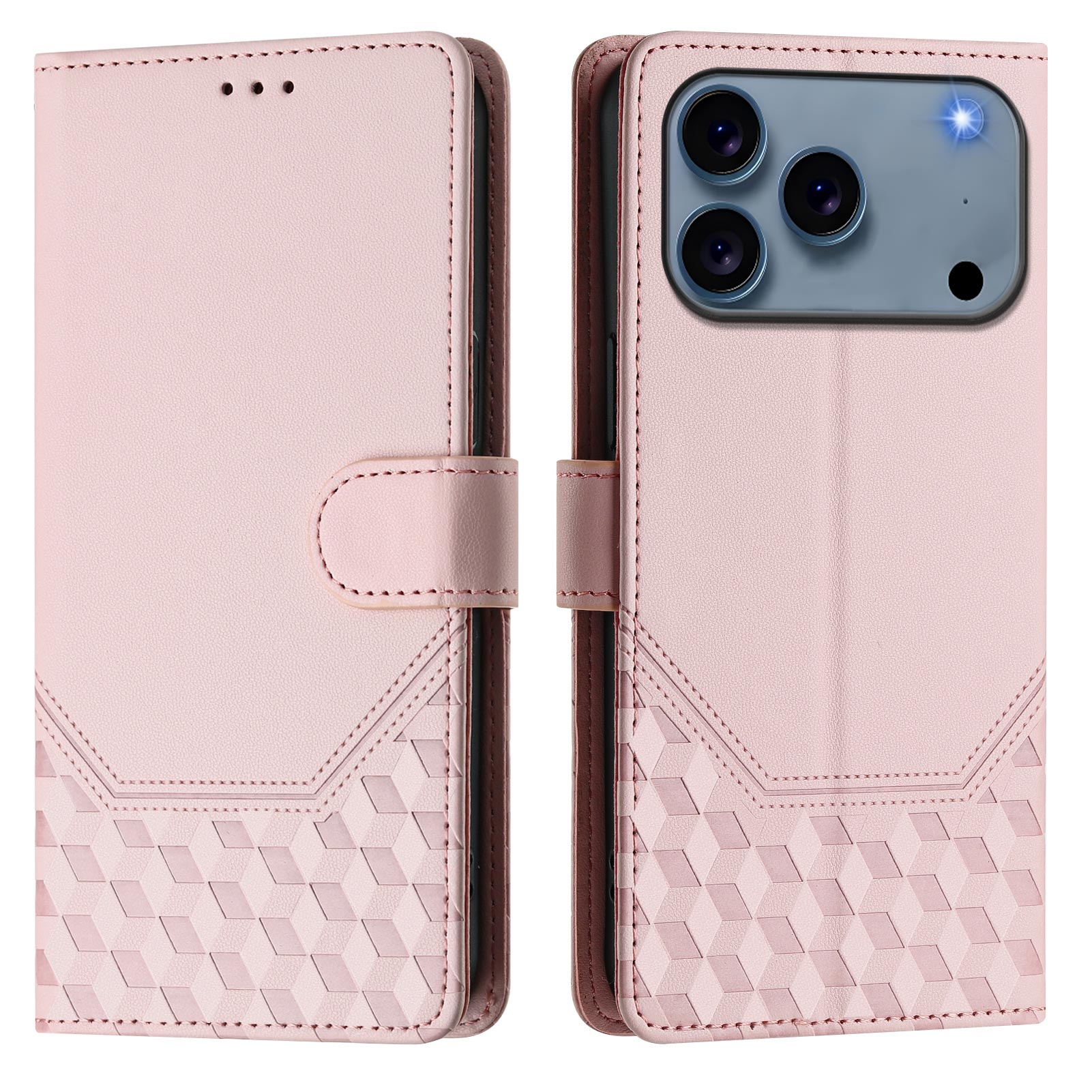 For iPhone 17 Pro Case Imprinted Honeycomb RFID Blocking Leather Phone Cover with Strap - Pink