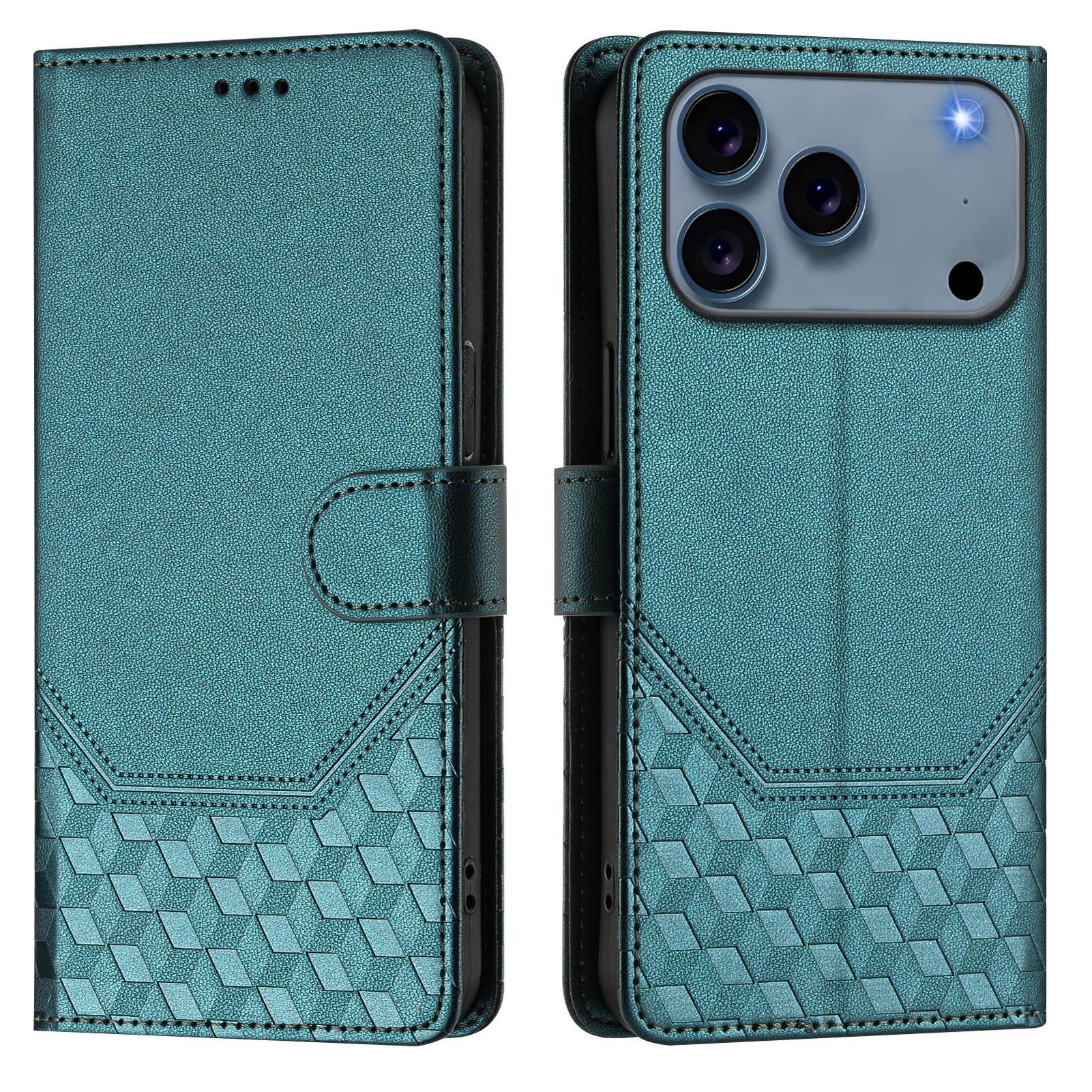 For iPhone 17 Pro Case Imprinted Honeycomb RFID Blocking Leather Phone Cover with Strap - Green