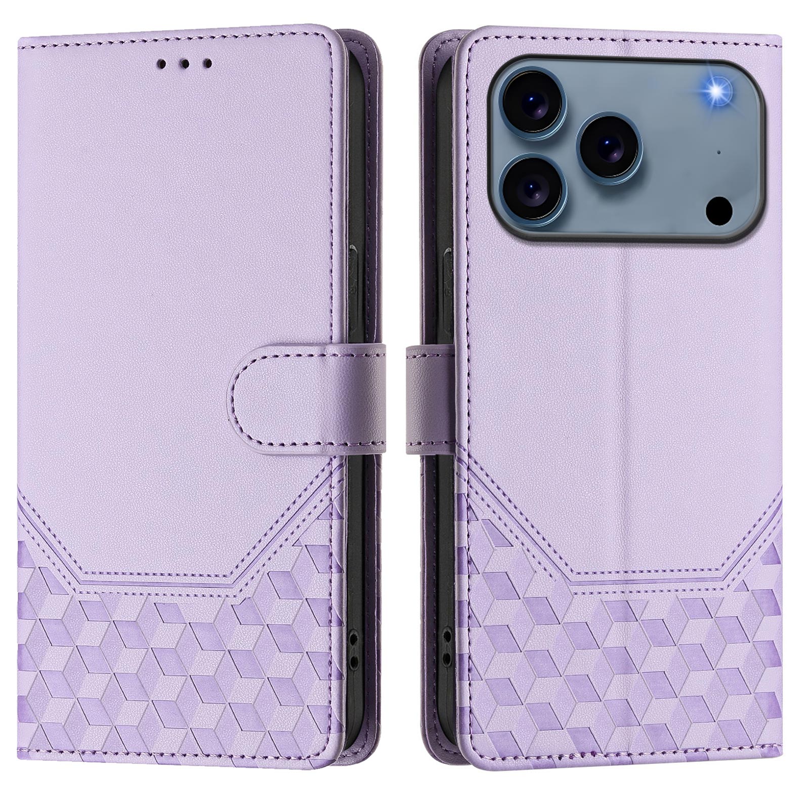For iPhone 17 Pro Case Imprinted Honeycomb RFID Blocking Leather Phone Cover with Strap - Light Purple