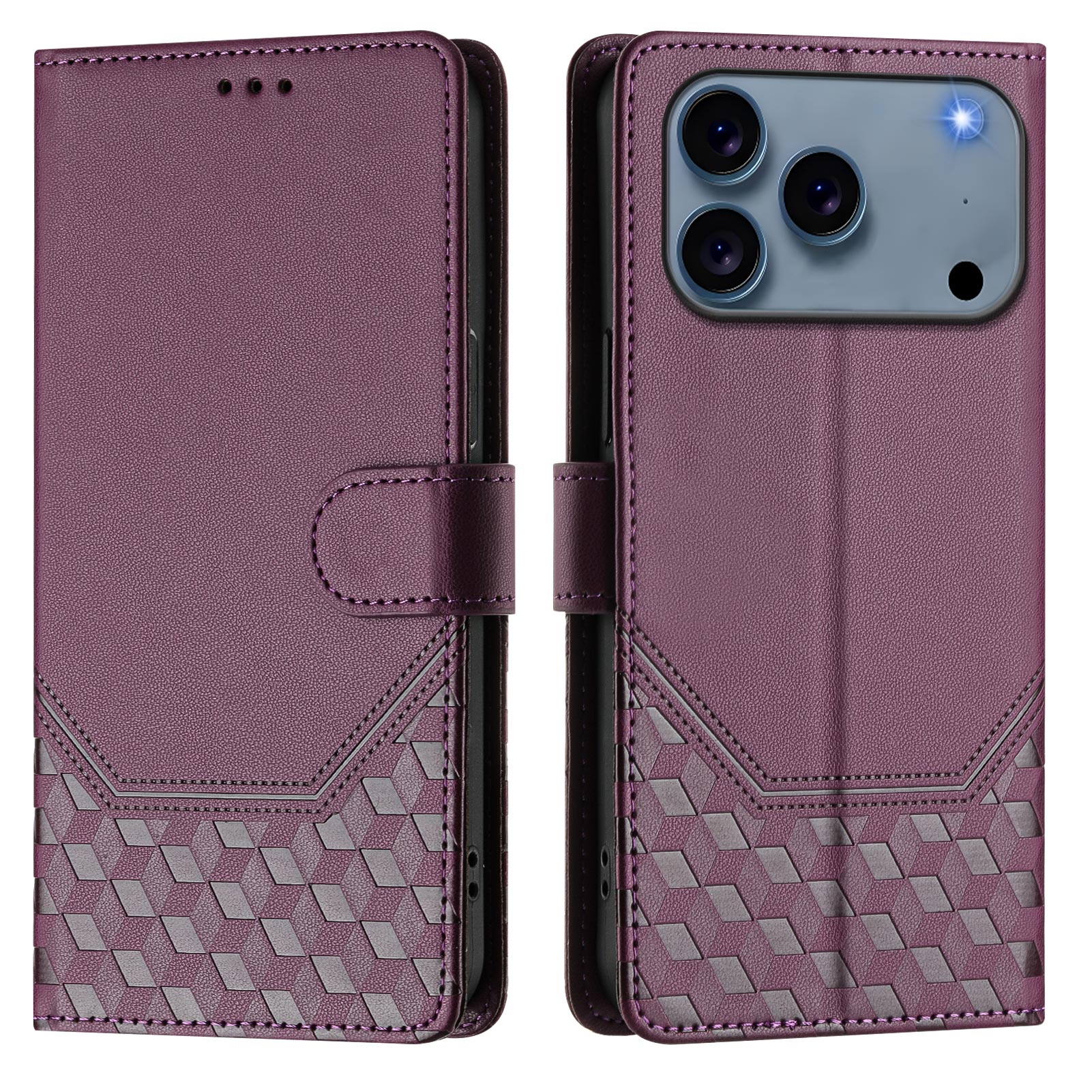 For iPhone 17 Pro Case Imprinted Honeycomb RFID Blocking Leather Phone Cover with Strap - Dark Purple