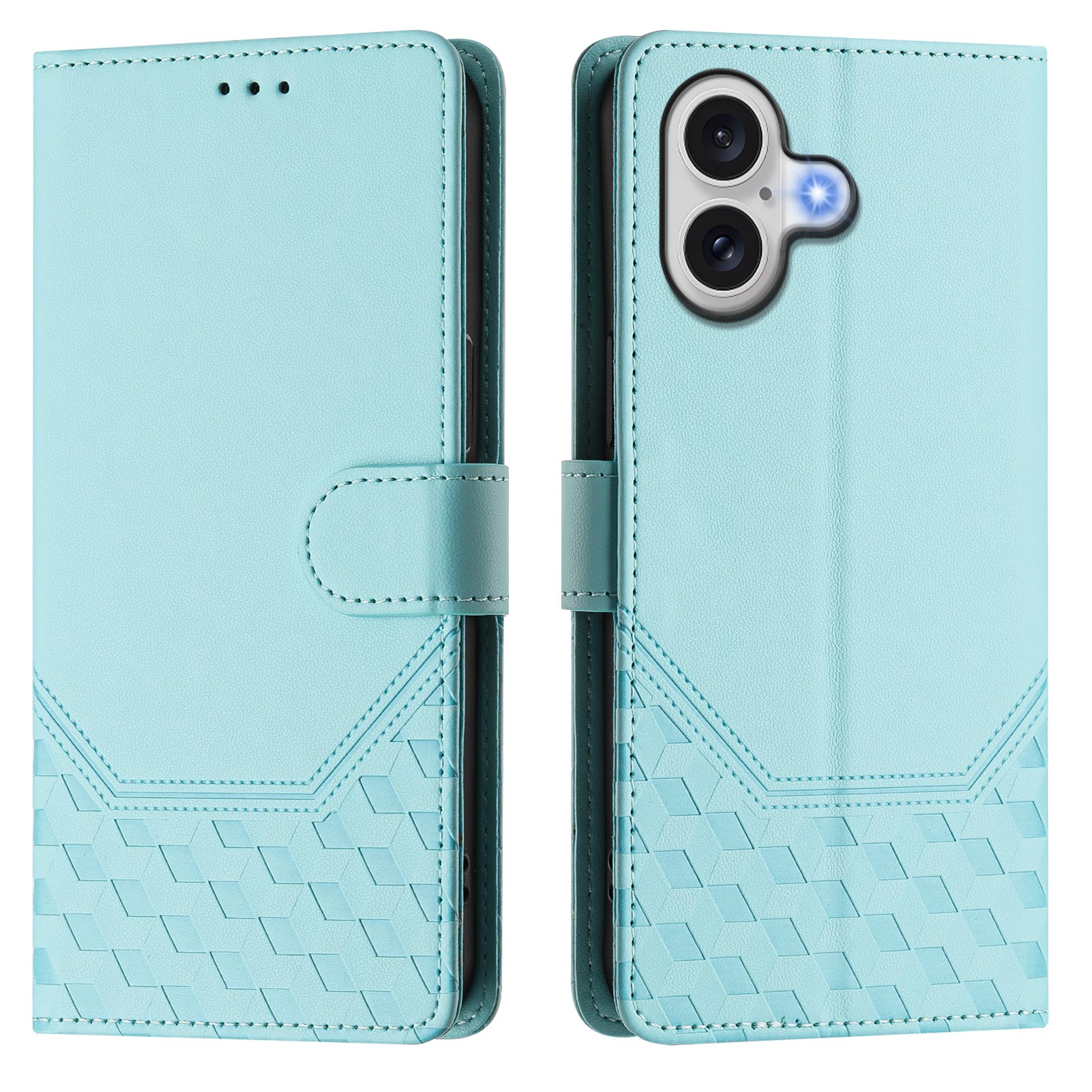 For iPhone 17 Case Imprinted Honeycomb RFID Blocking Leather Phone Cover with Strap - Mint Green