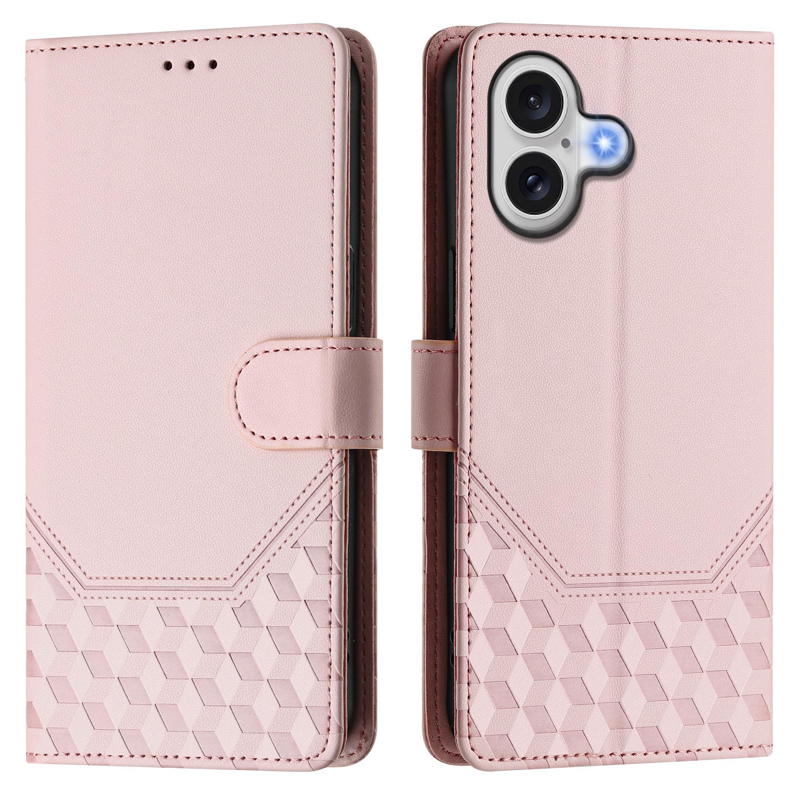 For iPhone 17 Case Imprinted Honeycomb RFID Blocking Leather Phone Cover with Strap - Pink