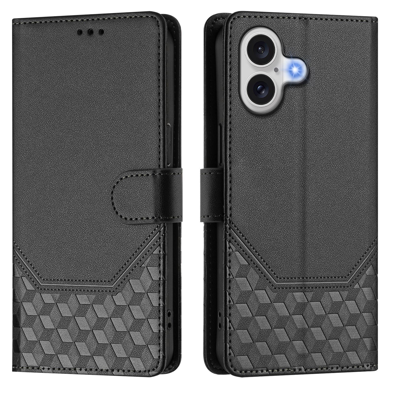 For iPhone 17 Case Imprinted Honeycomb RFID Blocking Leather Phone Cover with Strap - Black