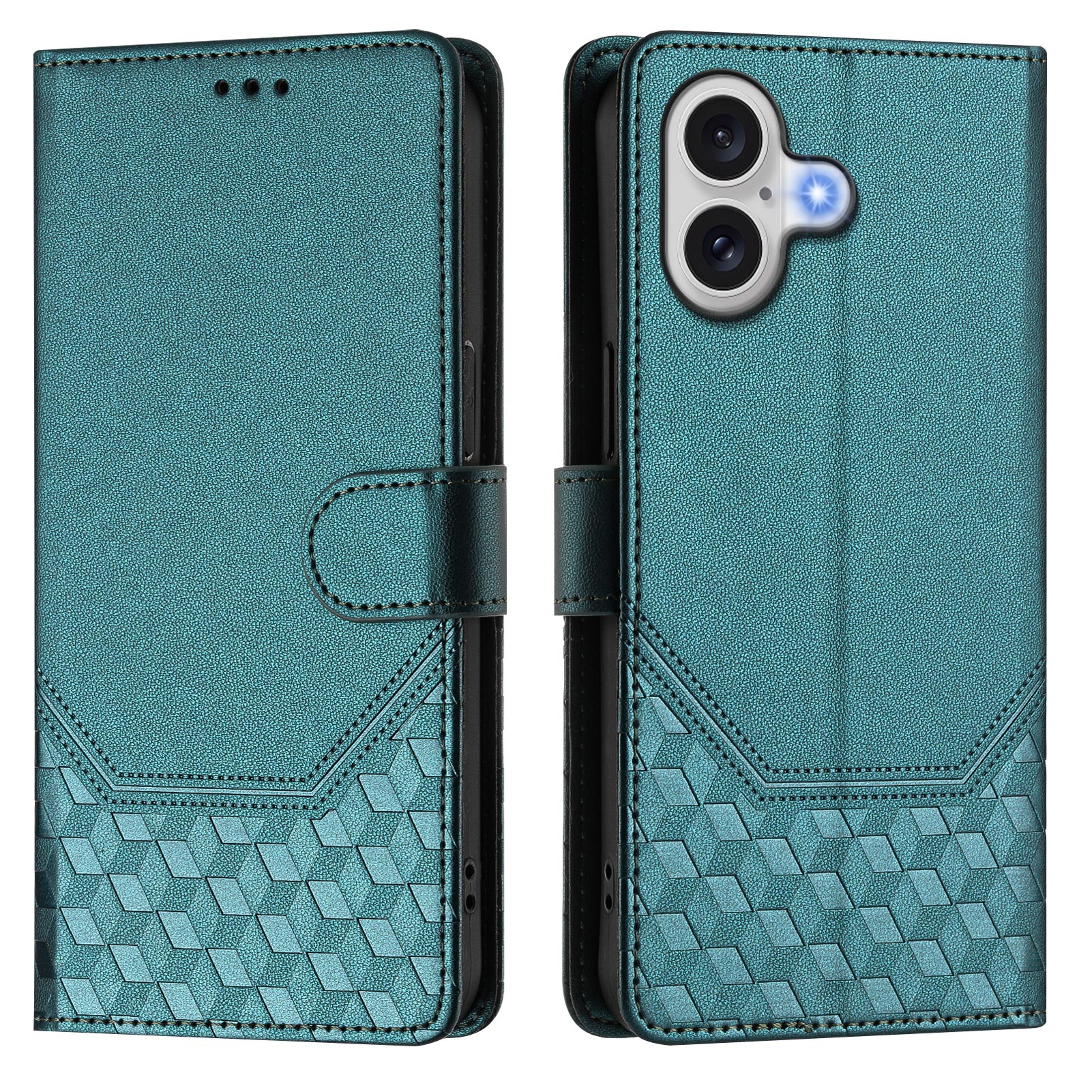 For iPhone 17 Case Imprinted Honeycomb RFID Blocking Leather Phone Cover with Strap - Green