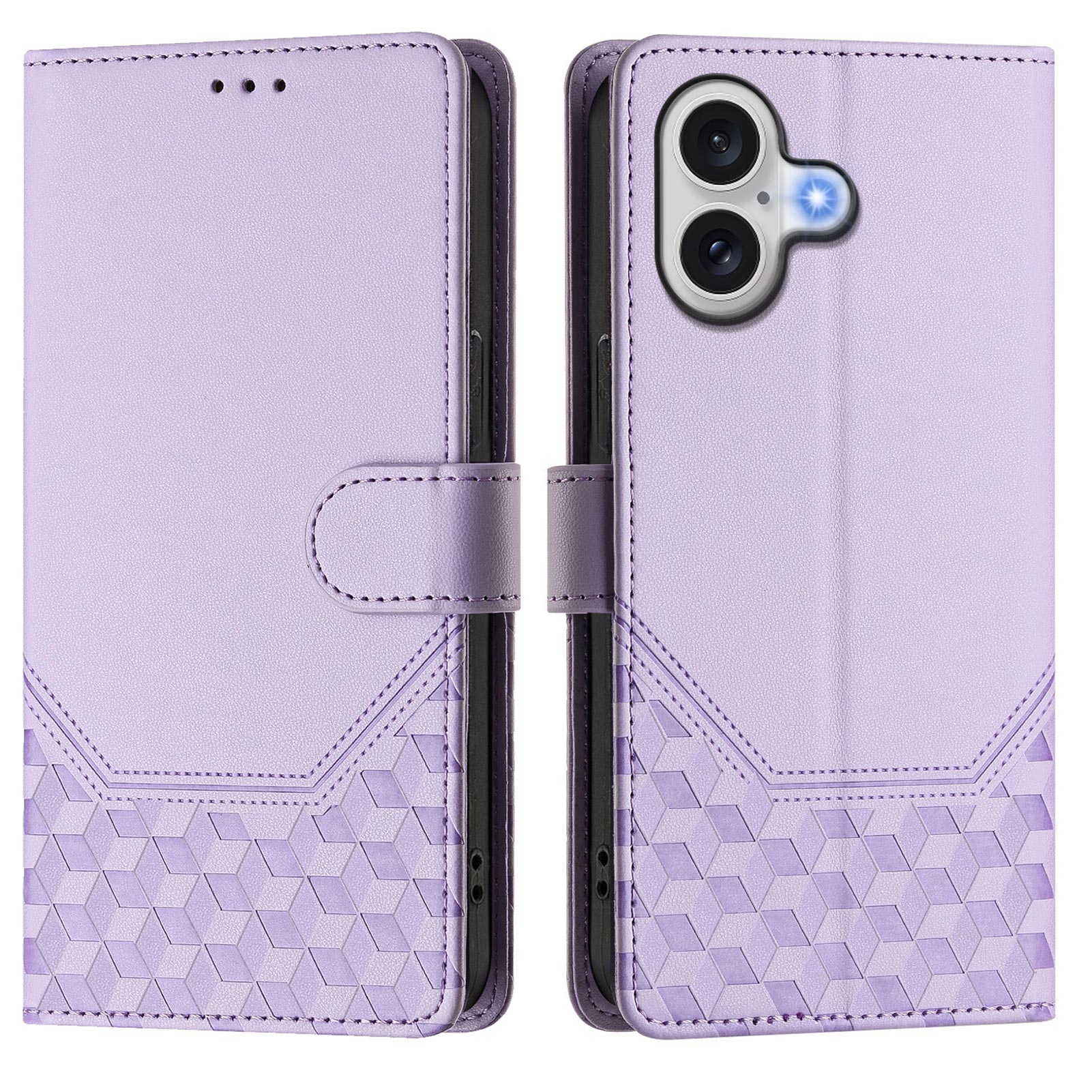 For iPhone 17 Case Imprinted Honeycomb RFID Blocking Leather Phone Cover with Strap - Light Purple