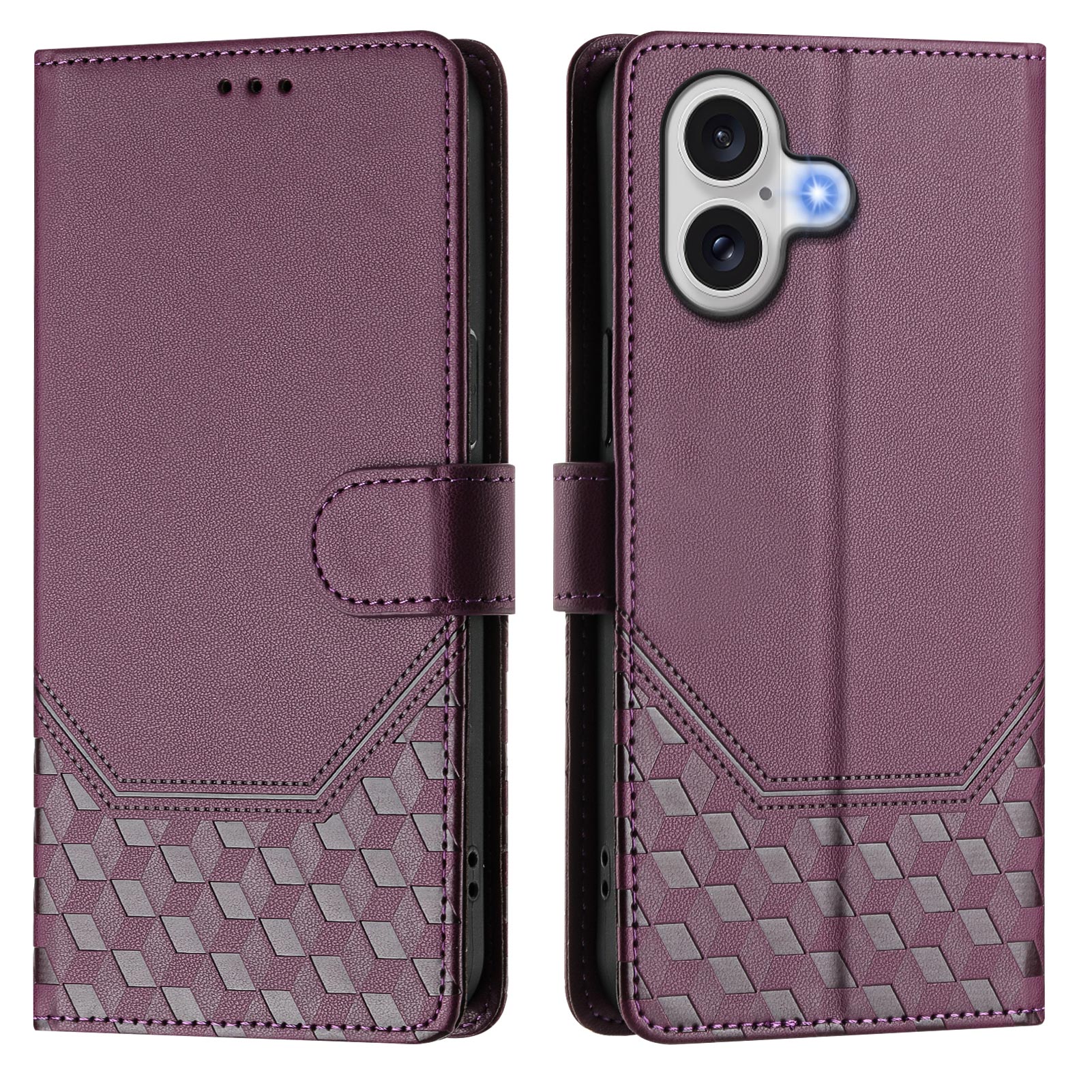 For iPhone 17 Case Imprinted Honeycomb RFID Blocking Leather Phone Cover with Strap - Dark Purple