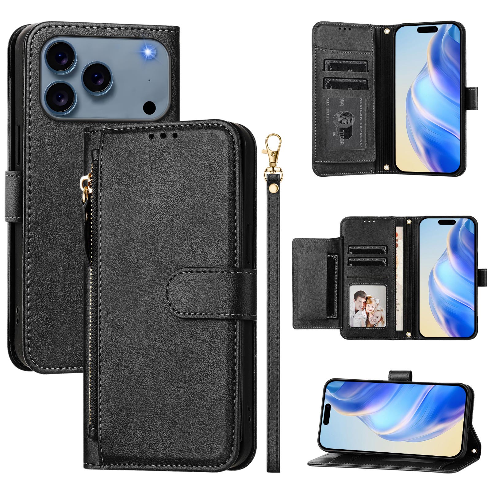 For iPhone 17 Pro Max Case Zipper Pocket Multiple Card Slots Leather Phone Cover - Black