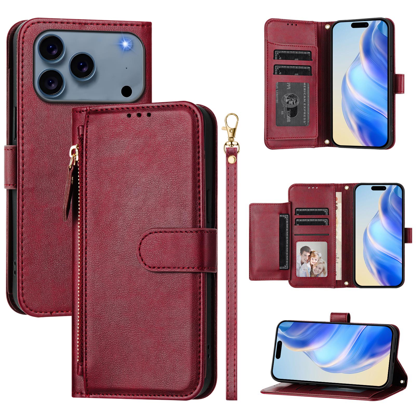 For iPhone 17 Pro Max Case Zipper Pocket Multiple Card Slots Leather Phone Cover - Red