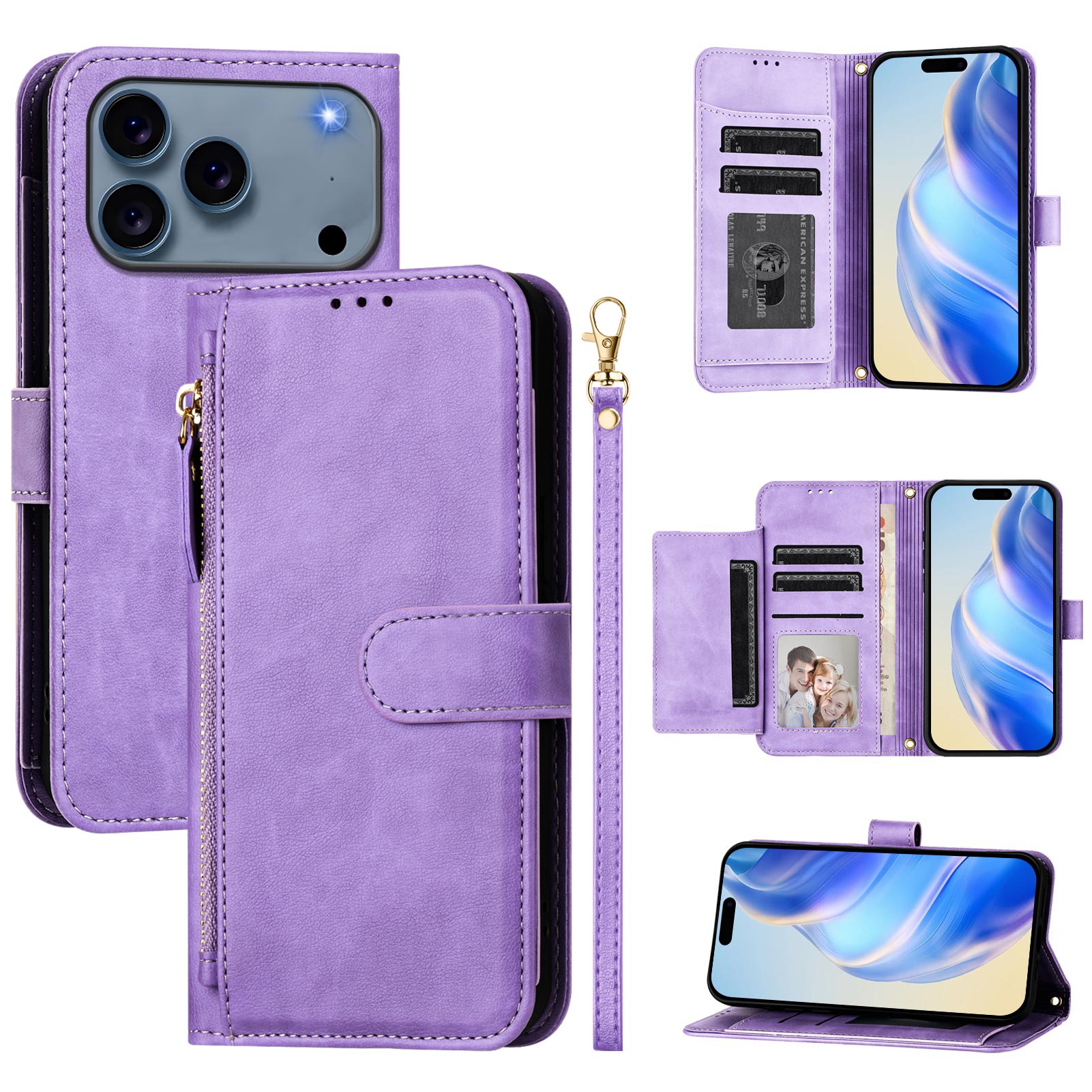 For iPhone 17 Pro Max Case Zipper Pocket Multiple Card Slots Leather Phone Cover - Purple