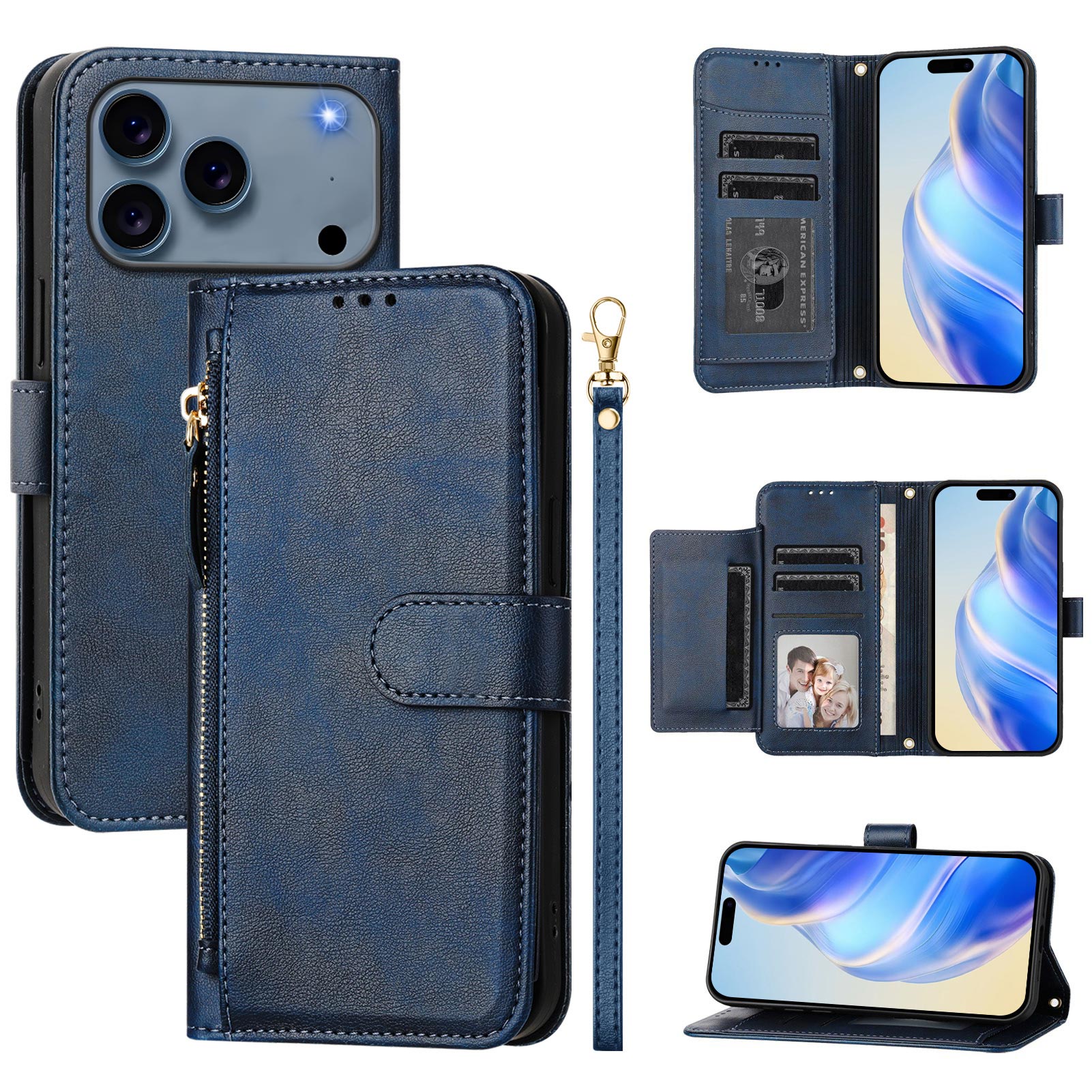 For iPhone 17 Pro Case Zipper Pocket Multiple Card Slots Leather Phone Cover - Blue