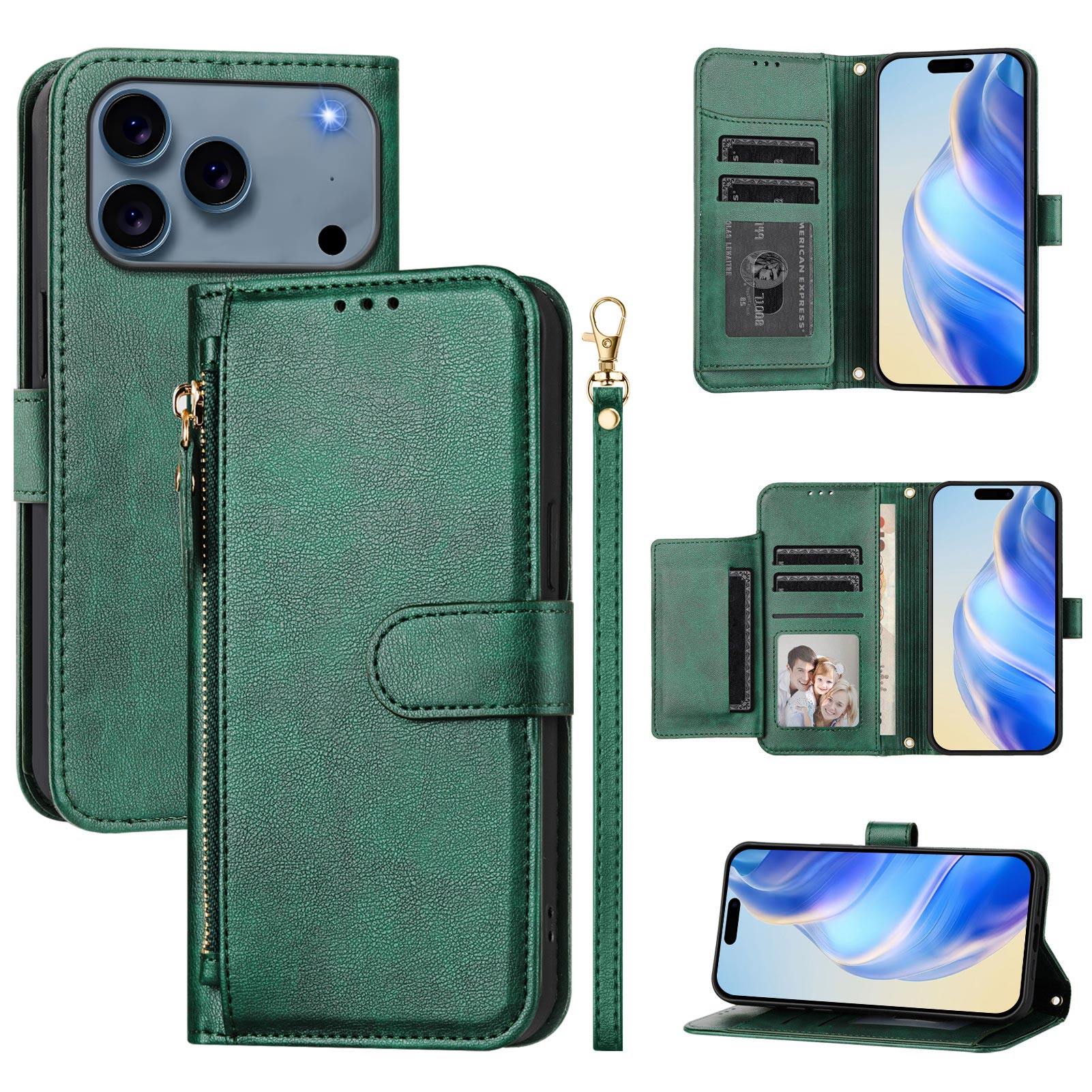 For iPhone 17 Pro Case Zipper Pocket Multiple Card Slots Leather Phone Cover - Green