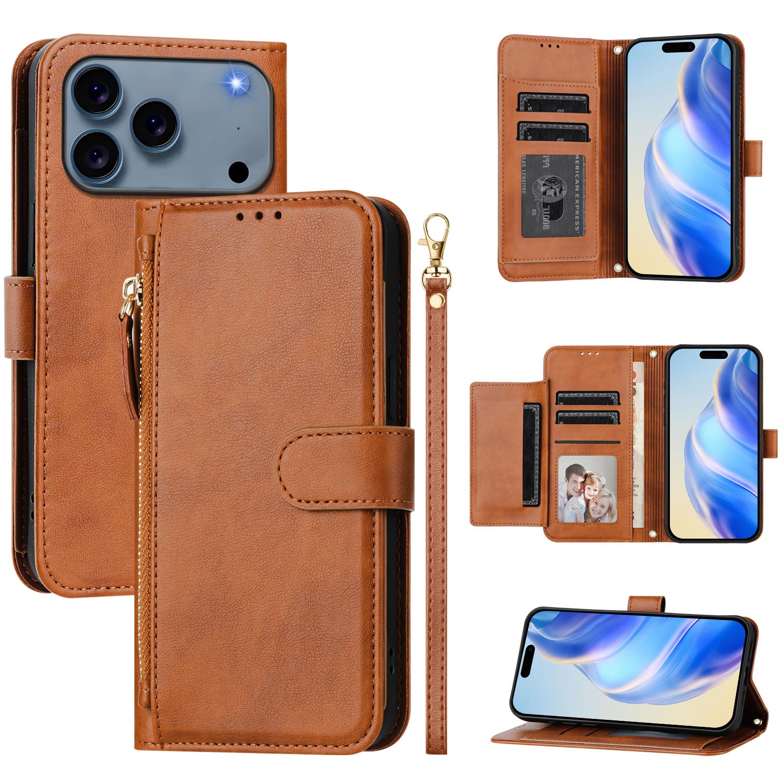 For iPhone 17 Pro Case Zipper Pocket Multiple Card Slots Leather Phone Cover - Brown