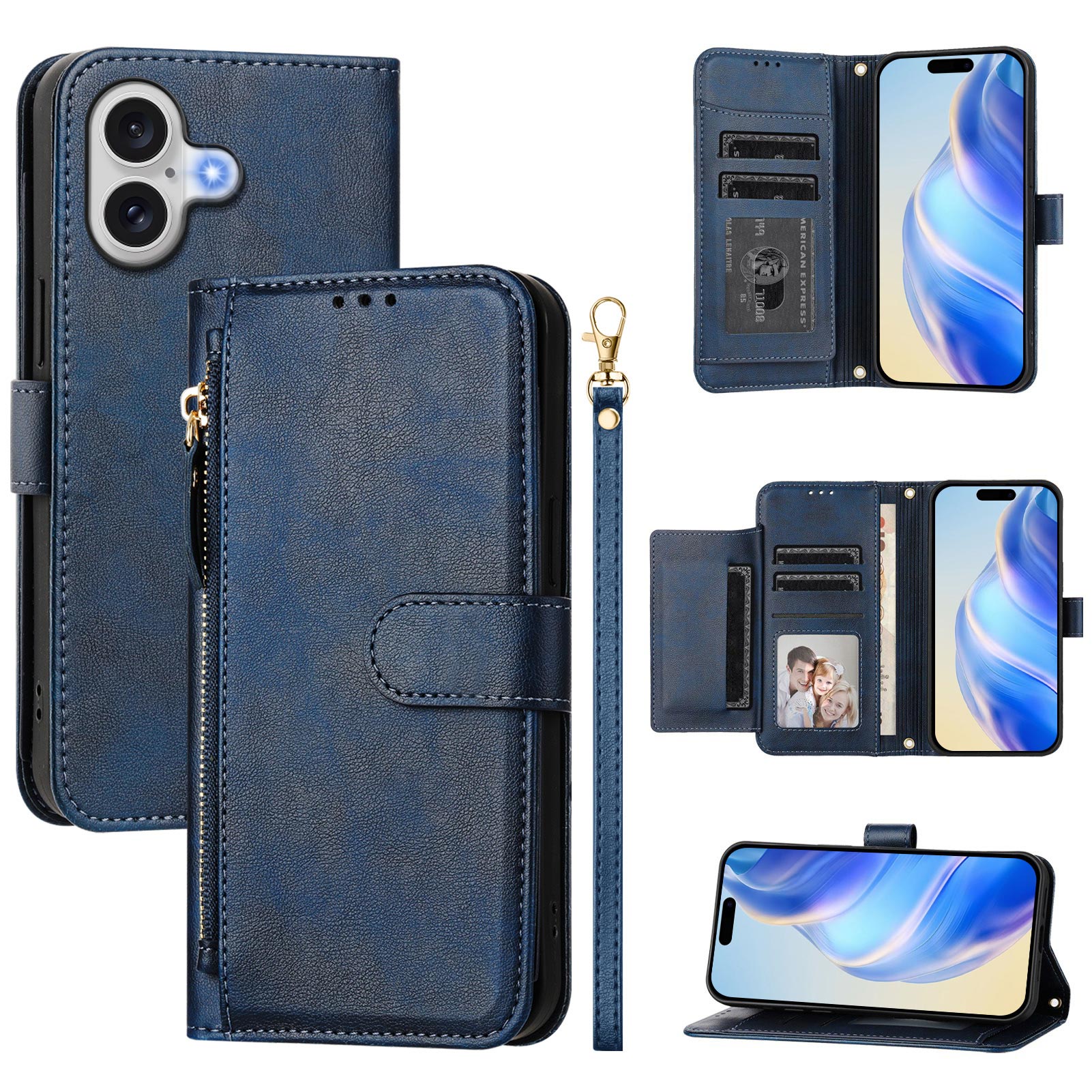 For iPhone 17 Case Zipper Pocket Multiple Card Slots Leather Phone Cover - Blue