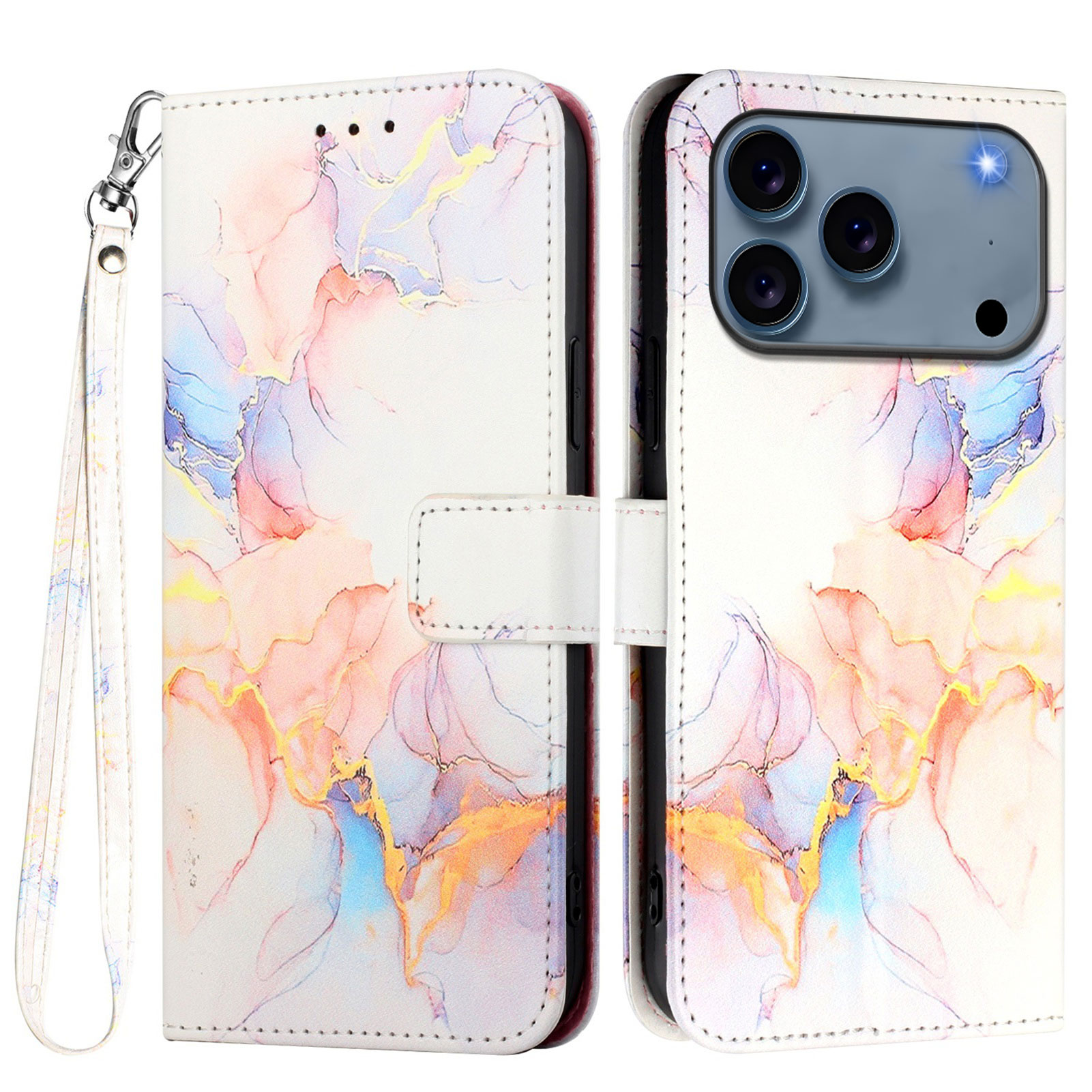 For iPhone 17 Pro Max Case with Strap Marble Pattern Leather Phone Cover Card Holder - Milky Way Marble White LS004