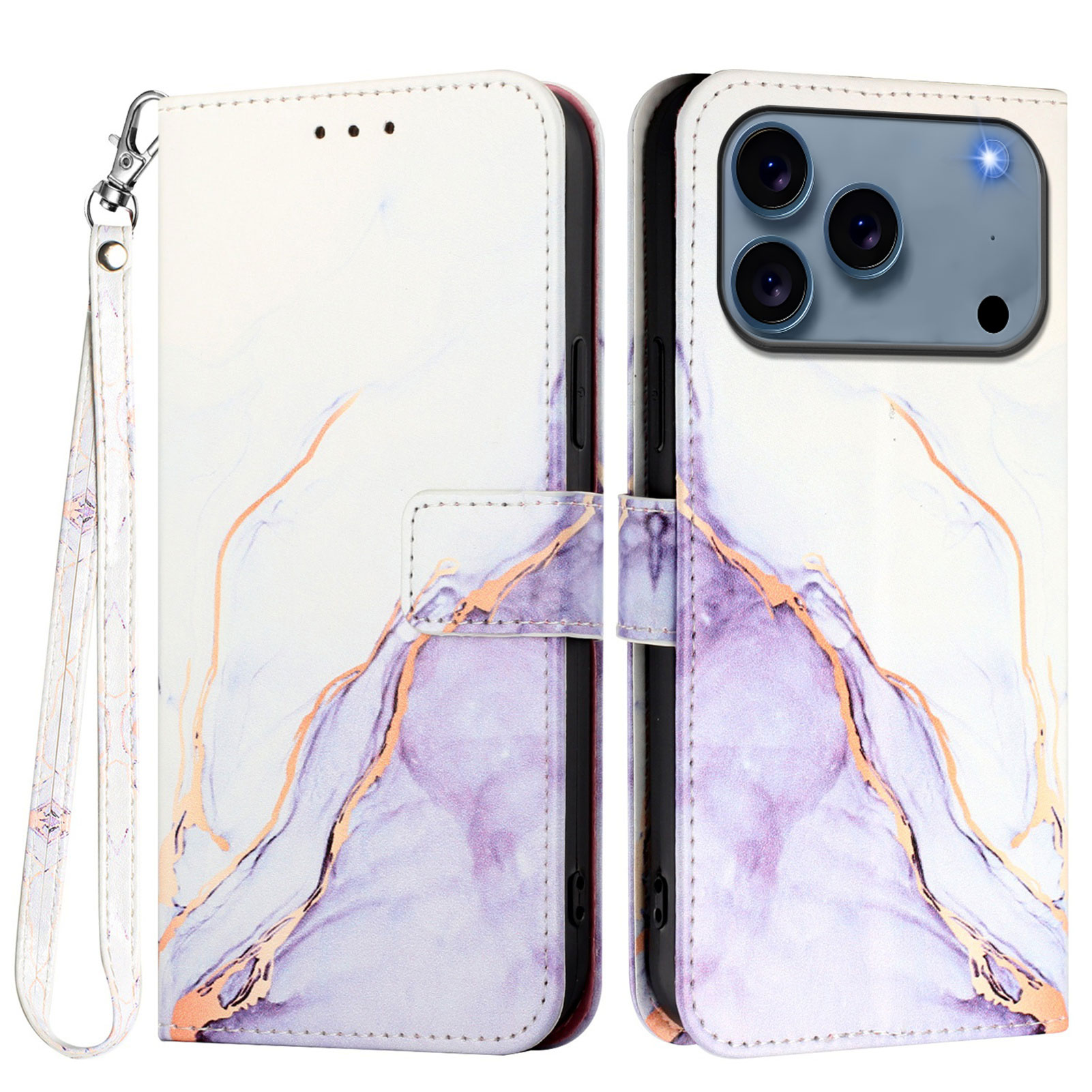 For iPhone 17 Pro Max Case with Strap Marble Pattern Leather Phone Cover Card Holder - White / Purple LS006