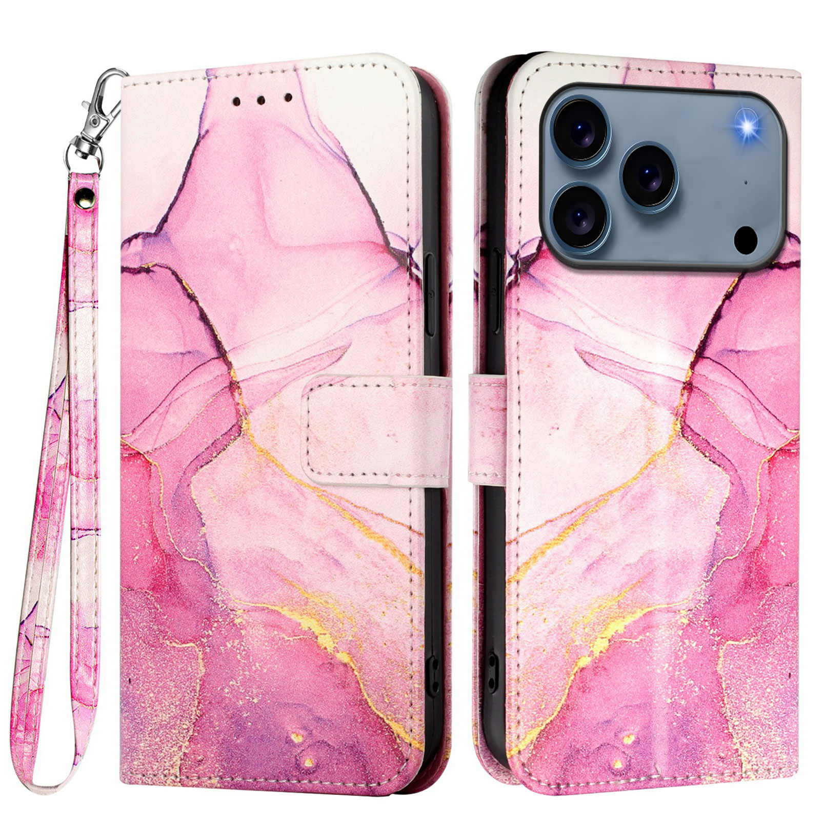 For iPhone 17 Pro Case with Strap Marble Pattern Leather Phone Cover Card Holder - Pink / Purple / Gold LS001