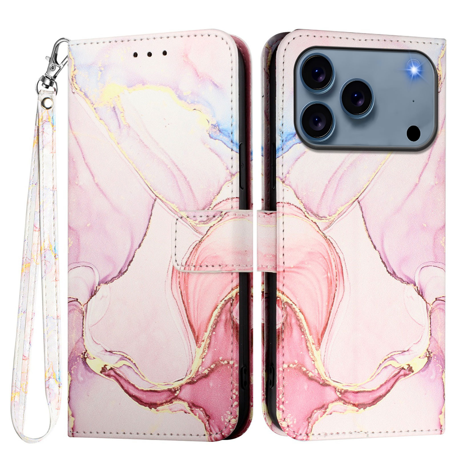 For iPhone 17 Pro Case with Strap Marble Pattern Leather Phone Cover Card Holder - Rose Gold LS005