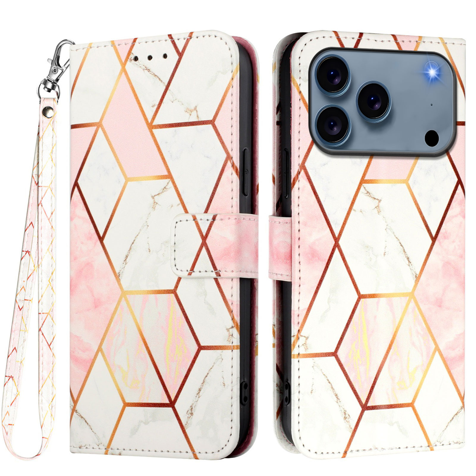 For iPhone 17 Pro Case with Strap Marble Pattern Leather Phone Cover Card Holder - Pink / White LS002