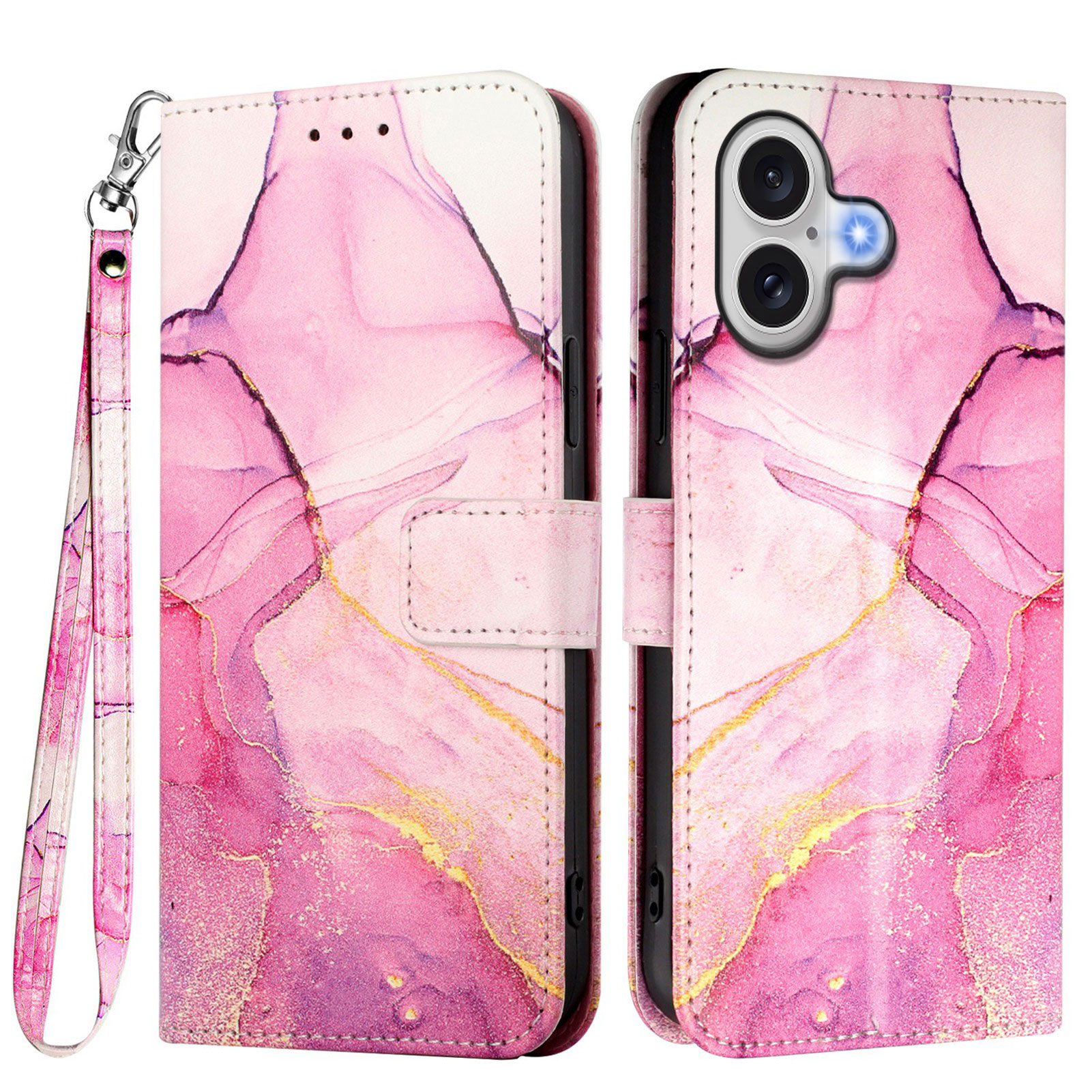 For iPhone 17 Case with Strap Marble Pattern Leather Phone Cover Card Holder - Pink / Purple / Gold LS001