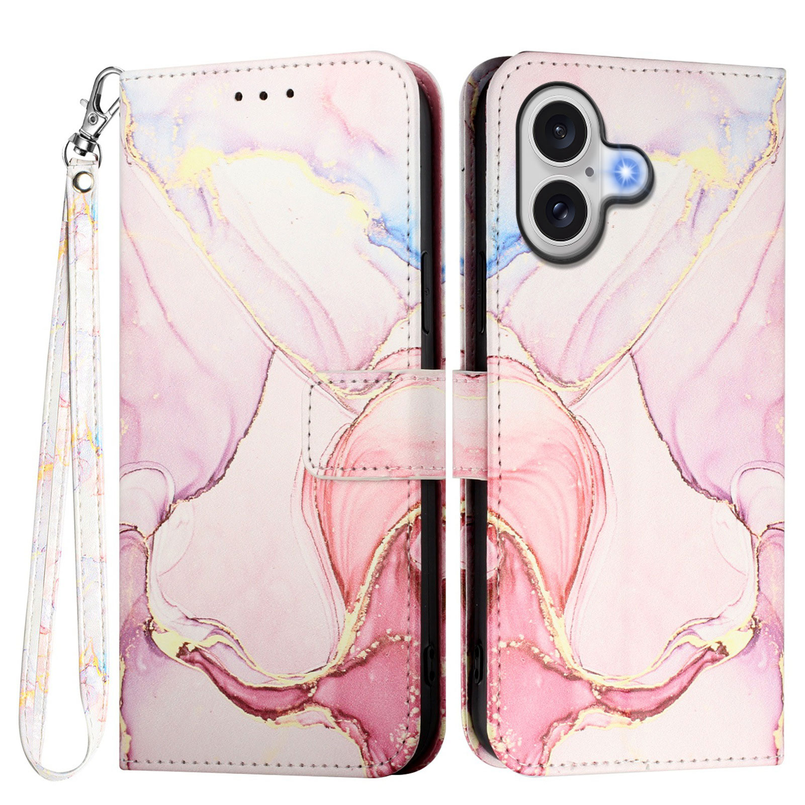 For iPhone 17 Case with Strap Marble Pattern Leather Phone Cover Card Holder - Rose Gold LS005
