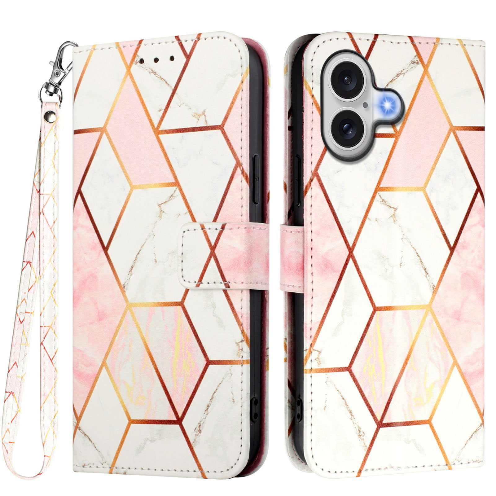 For iPhone 17 Case with Strap Marble Pattern Leather Phone Cover Card Holder - Pink / White LS002