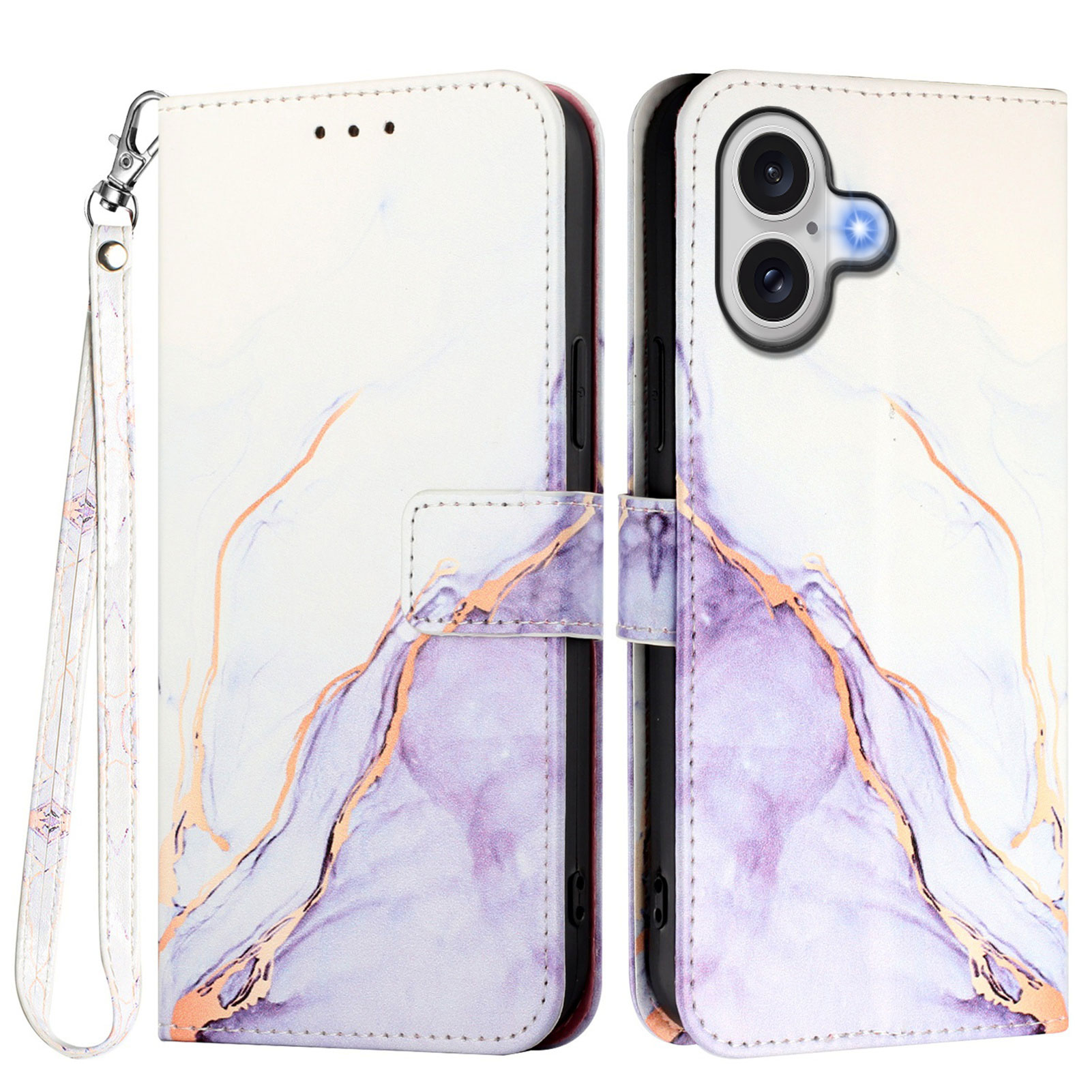 For iPhone 17 Case with Strap Marble Pattern Leather Phone Cover Card Holder - White / Purple LS006