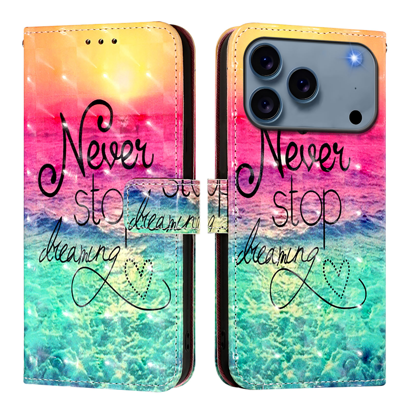 For iPhone 17 Pro Max Leather Case Pattern Printing Wallet Stand Mobile Cover with Strap - Never Stop Dreaming