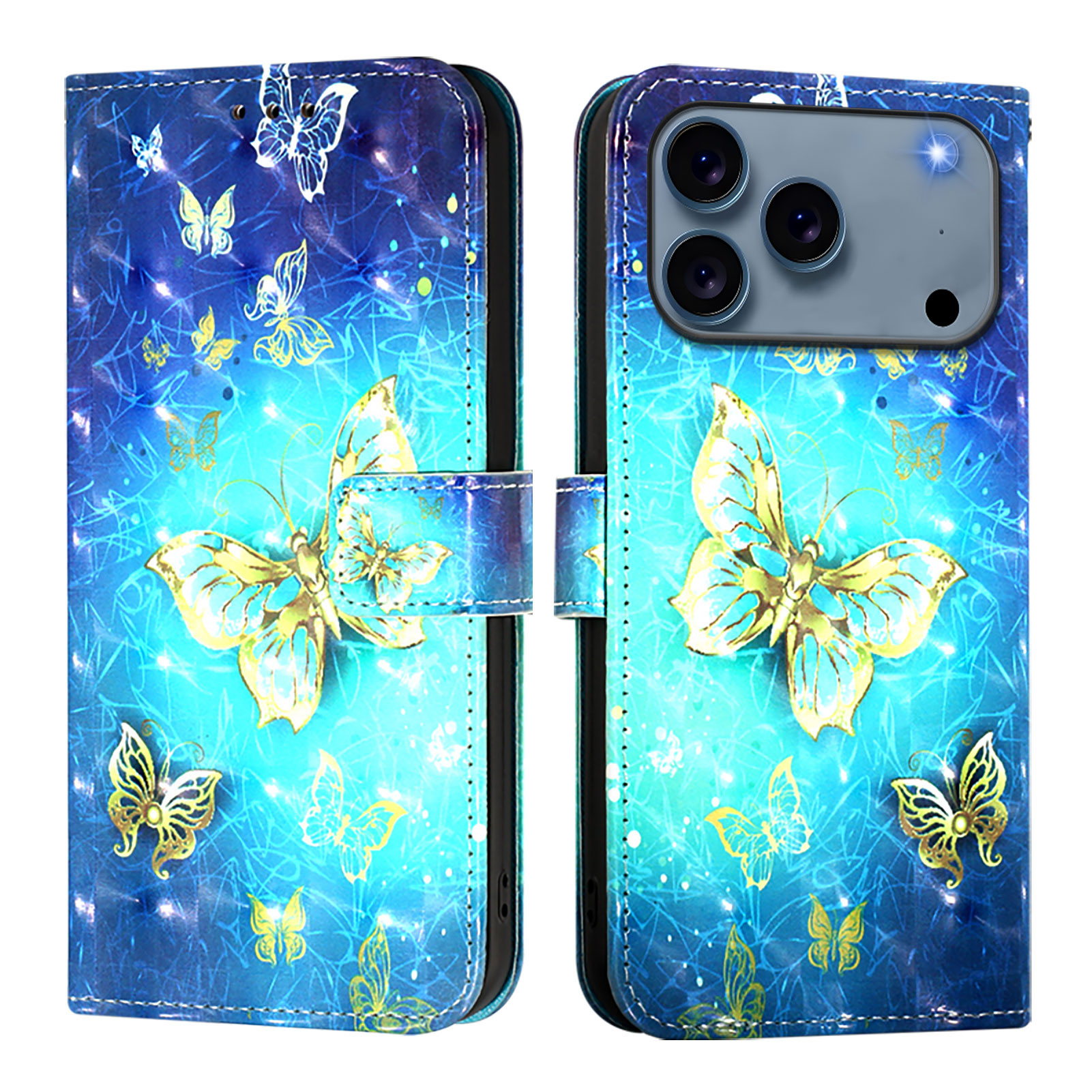 For iPhone 17 Pro Leather Case Pattern Printing Wallet Stand Mobile Cover with Strap - Golden Butterflies