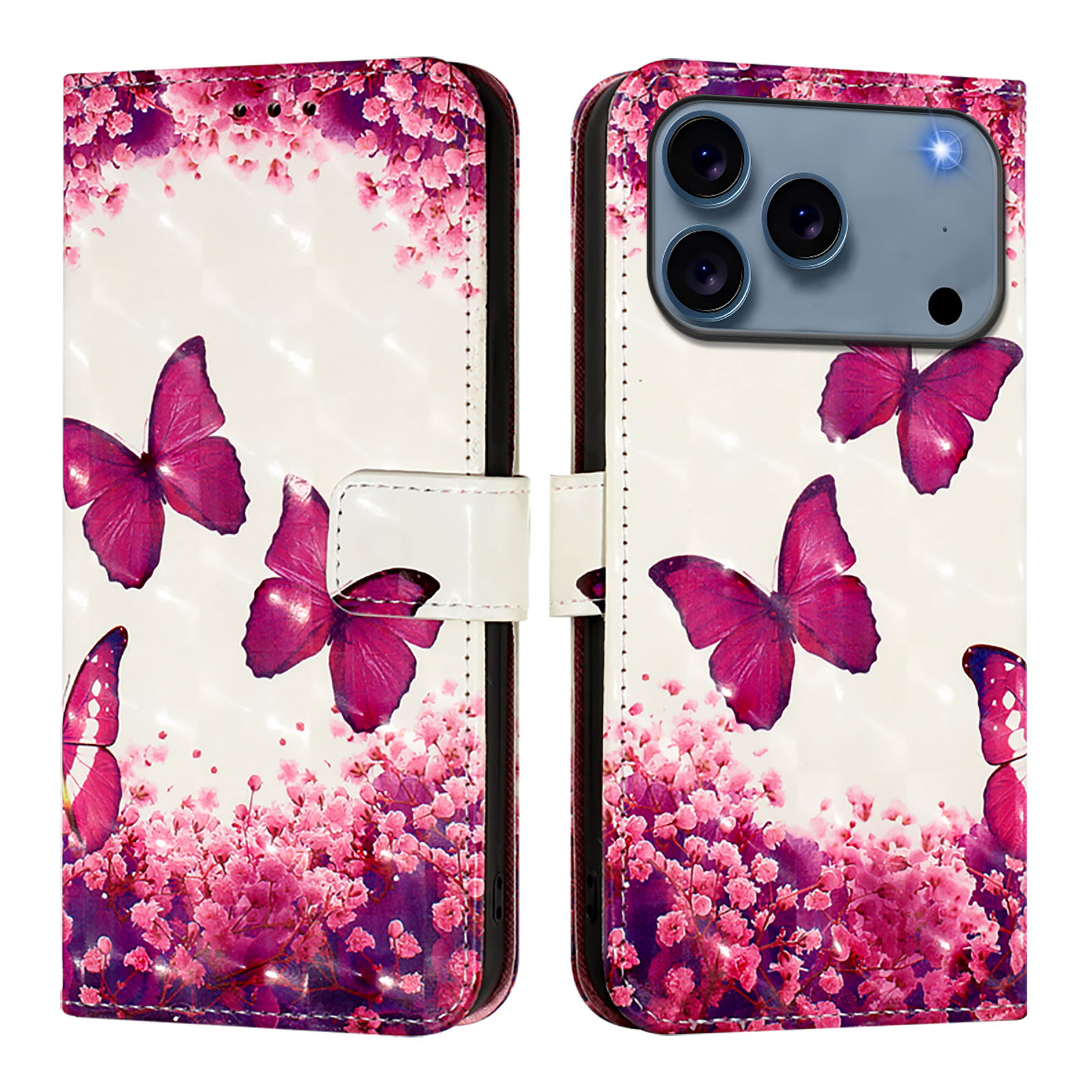 For iPhone 17 Pro Leather Case Pattern Printing Wallet Stand Mobile Cover with Strap - Rose Butterflies