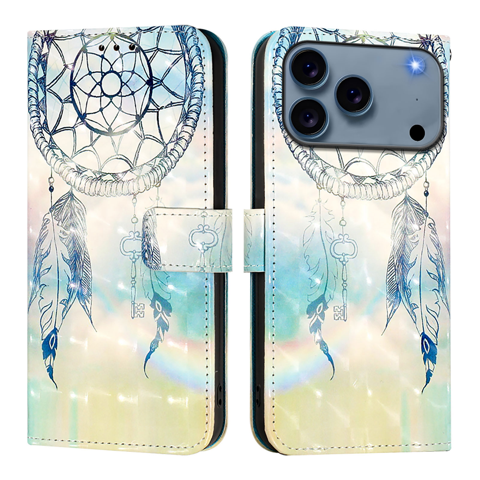 For iPhone 17 Pro Leather Case Pattern Printing Wallet Stand Mobile Cover with Strap - Dream Wind Chime
