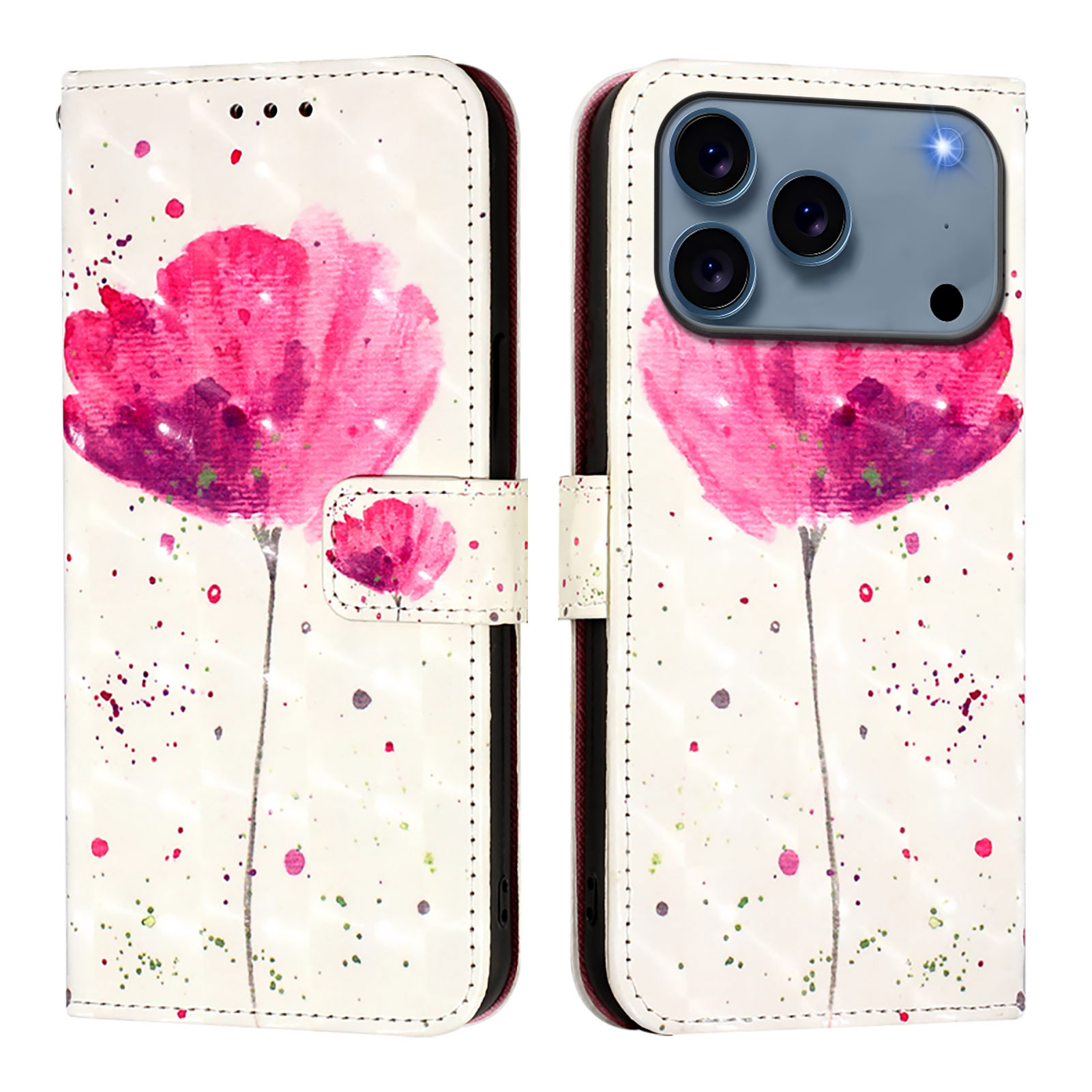 For iPhone 17 Pro Leather Case Pattern Printing Wallet Stand Mobile Cover with Strap - Flower