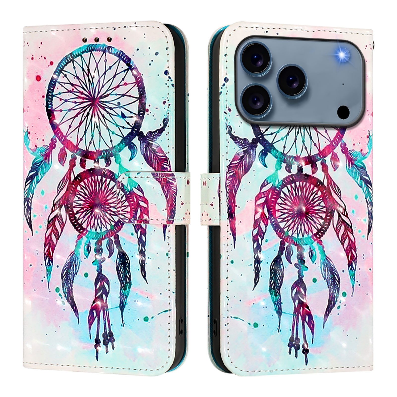 For iPhone 17 Pro Leather Case Pattern Printing Wallet Stand Mobile Cover with Strap - Colorful Wind Chime