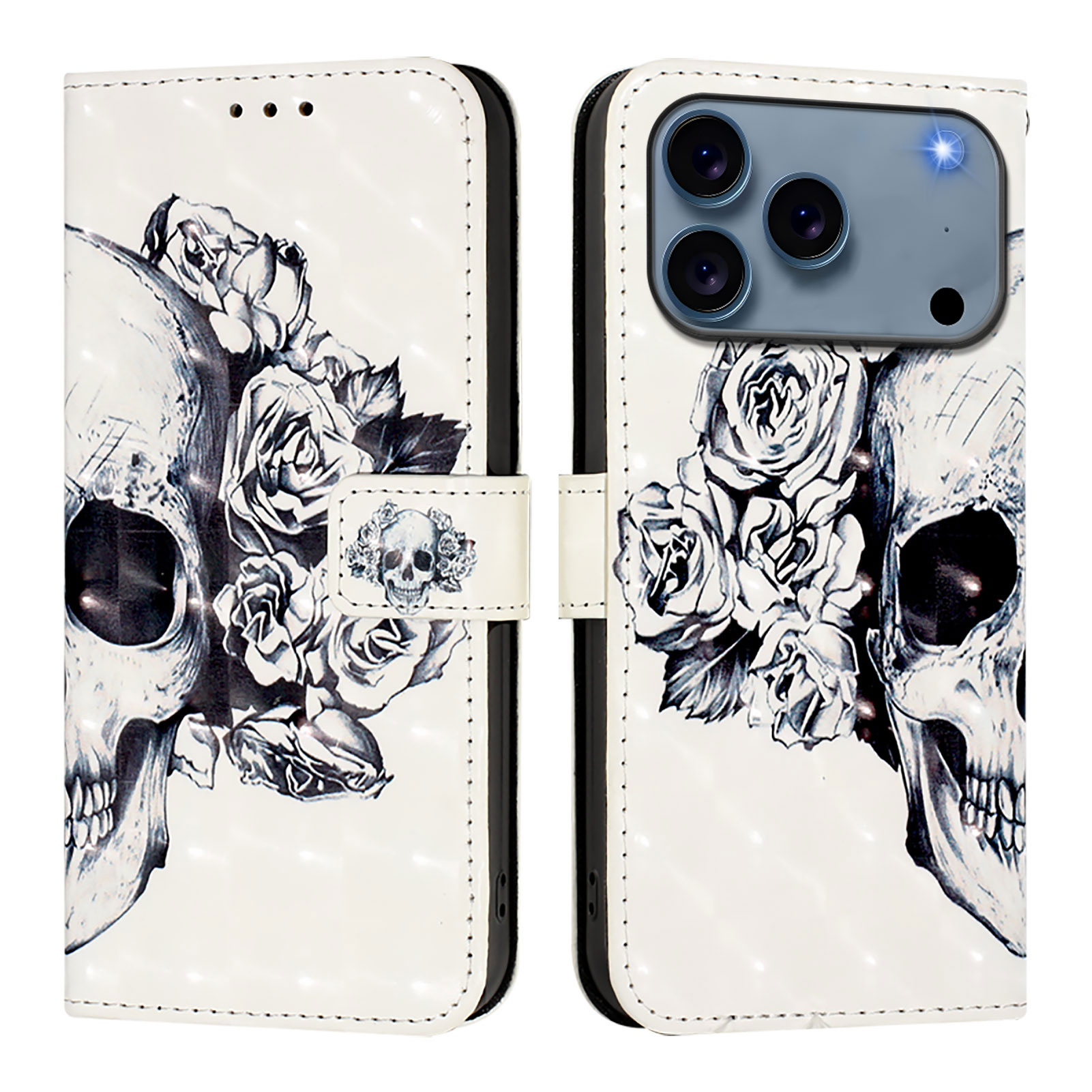 For iPhone 17 Pro Leather Case Pattern Printing Wallet Stand Mobile Cover with Strap - Skull