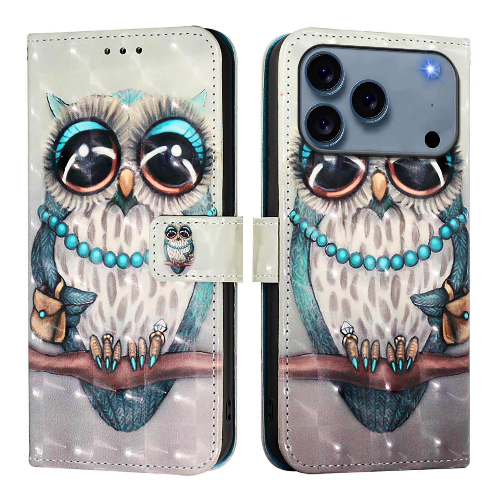 For iPhone 17 Pro Leather Case Pattern Printing Wallet Stand Mobile Cover with Strap - Grey Owl