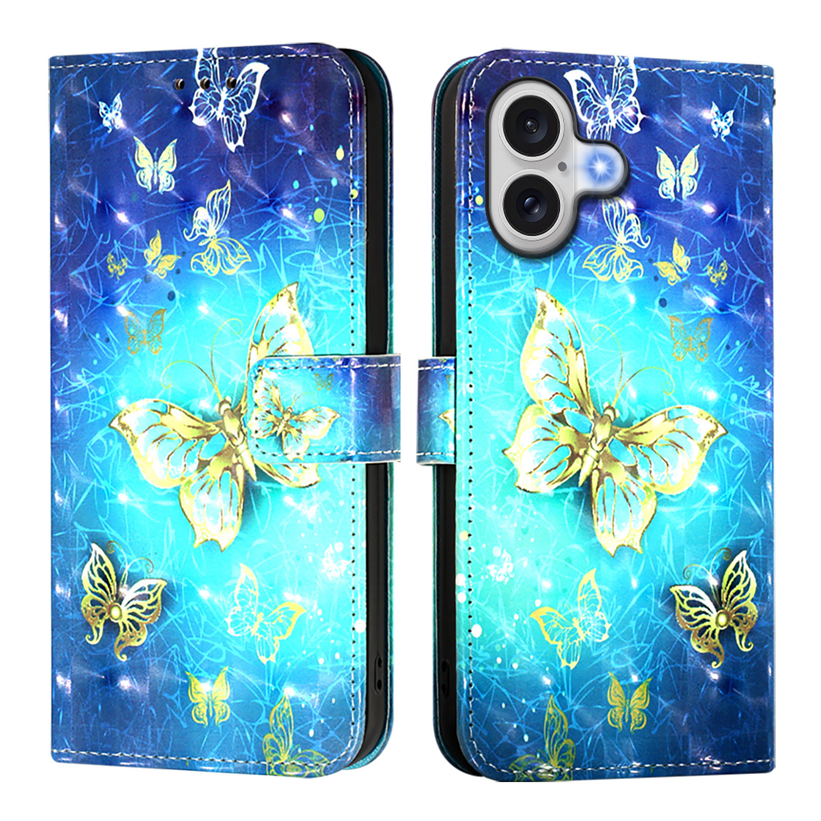 For iPhone 17 Leather Case Pattern Printing Wallet Stand Mobile Cover with Strap - Golden Butterflies