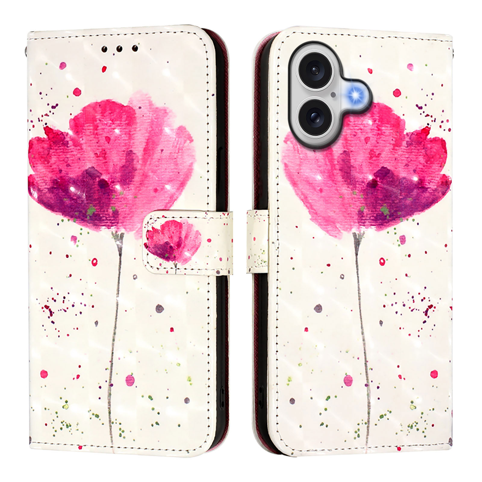For iPhone 17 Leather Case Pattern Printing Wallet Stand Mobile Cover with Strap - Flower