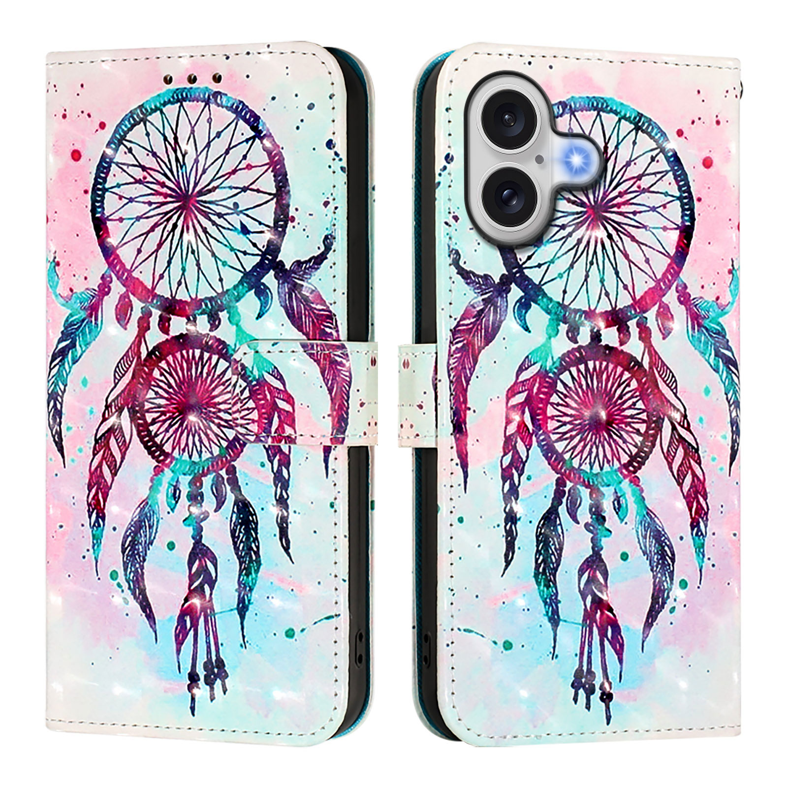 For iPhone 17 Leather Case Pattern Printing Wallet Stand Mobile Cover with Strap - Colorful Wind Chime