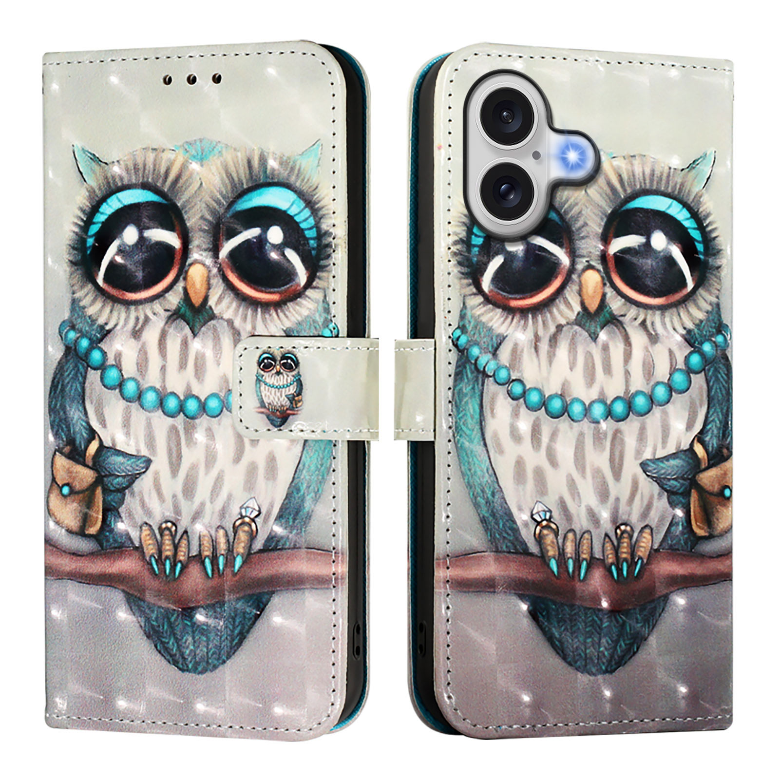 For iPhone 17 Leather Case Pattern Printing Wallet Stand Mobile Cover with Strap - Grey Owl