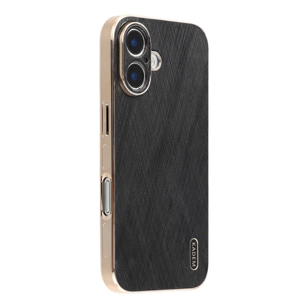 KADEM For iPhone 16 Plus Case Electroplating Silk Texture PU + TPU Phone Back Cover - Black