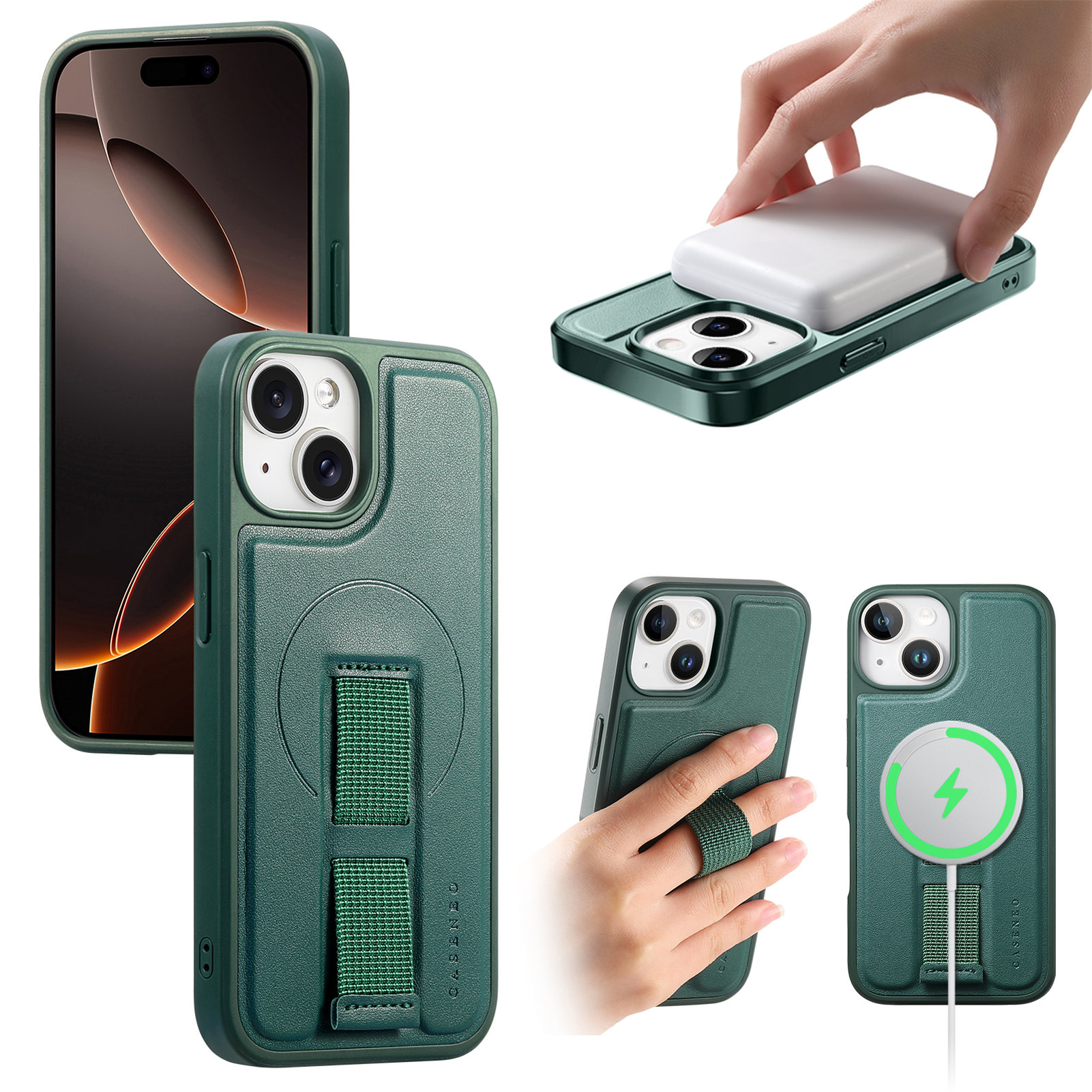 For iPhone 14 / iPhone 13 6.1 inch Magnetic Case CASENEO Wristband PU Leather + PC Shockproof Phone Cover - Green